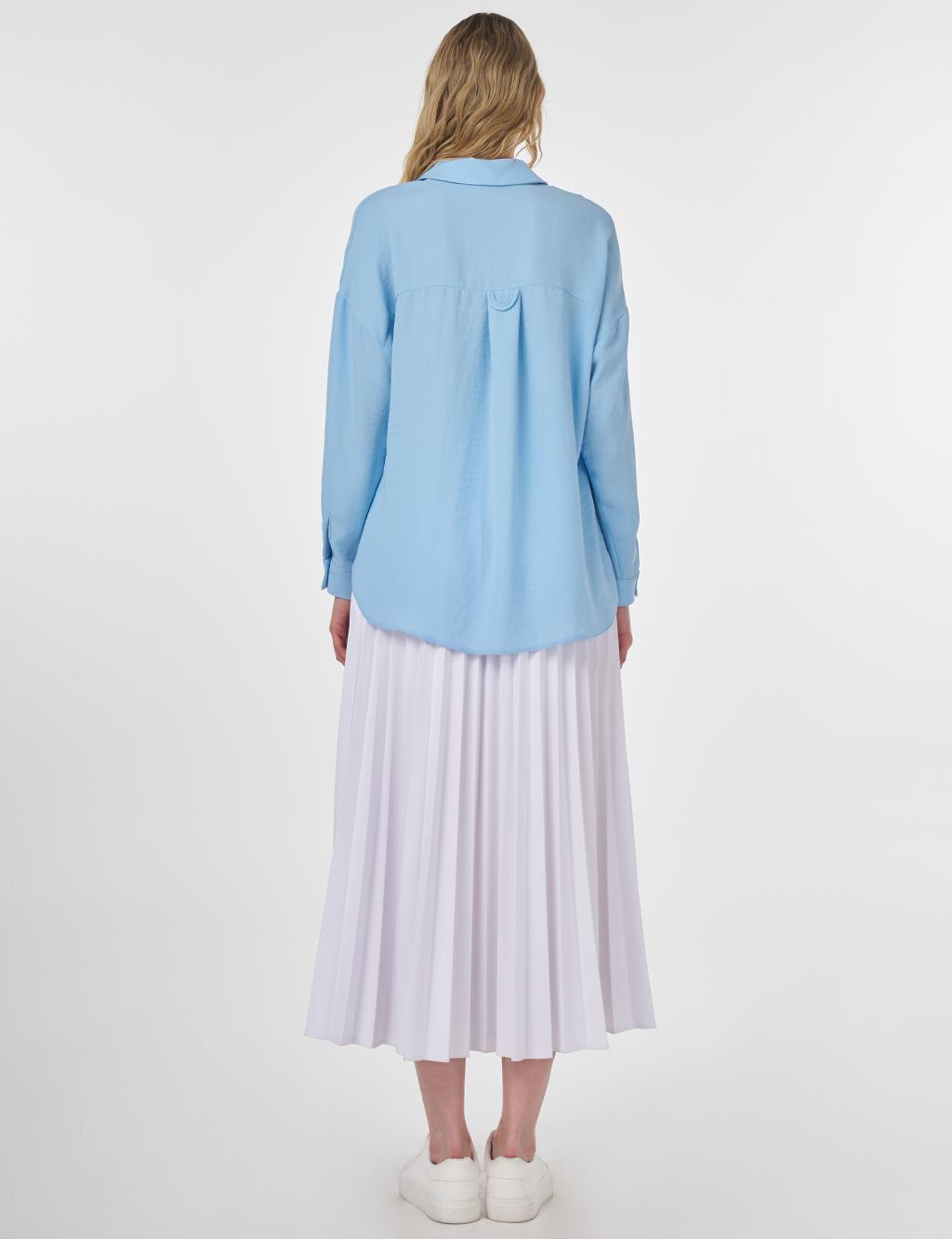 Hidden Placket Shirt Collar Basic Blouse Light Blue 