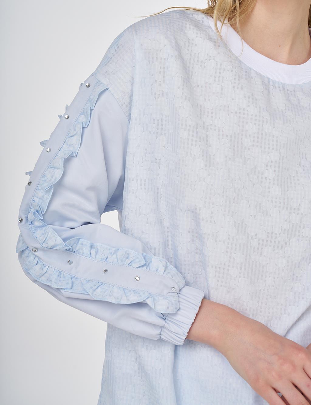 Floral Printed Ruffled Sweatshirt Blue 
