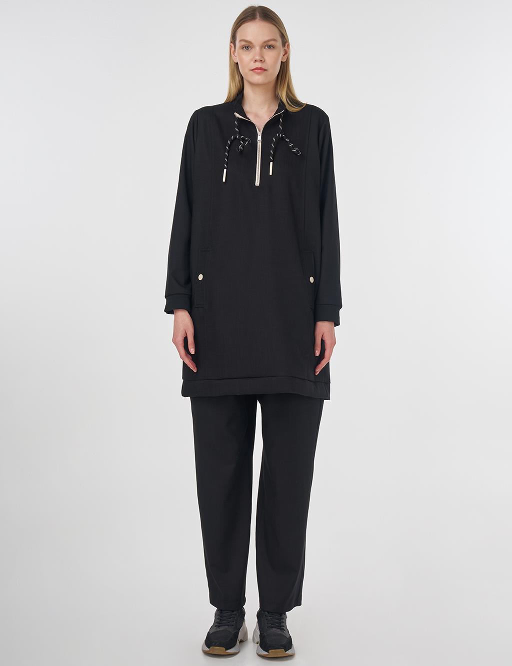 Zip-Closure Viscose Two-Piece Set Black 