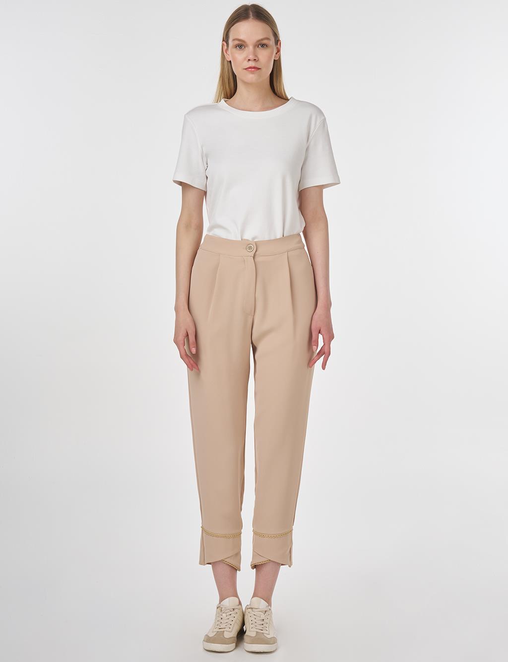 Stitch Detail Crepe Pants Beige