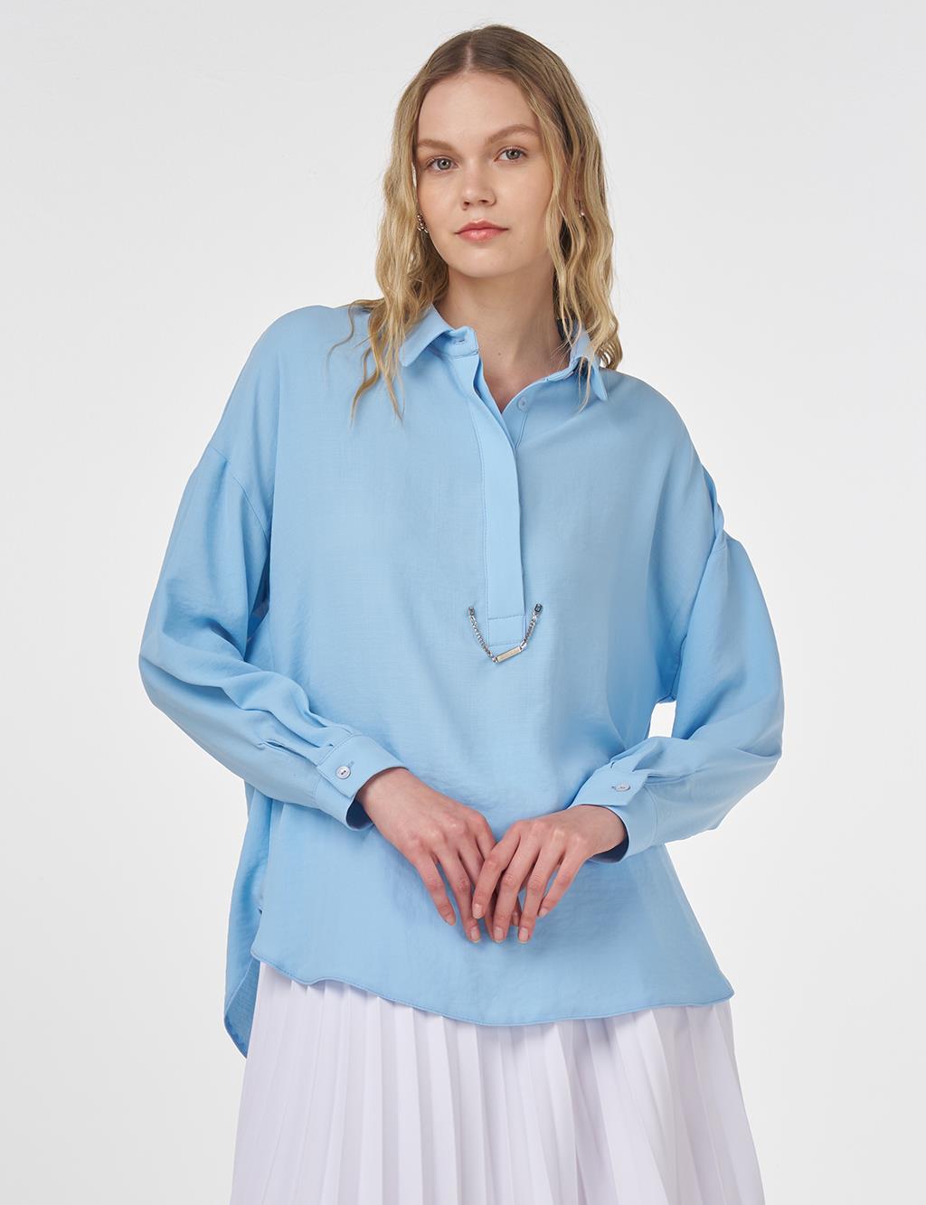 Hidden Placket Shirt Collar Basic Blouse Light Blue 
