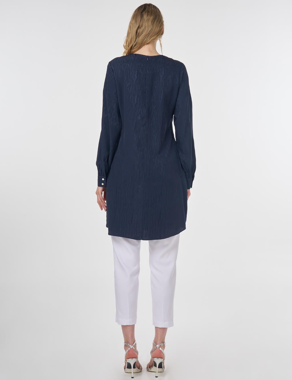 Brooch Detailed Jacquard Tunic Dark Navy 