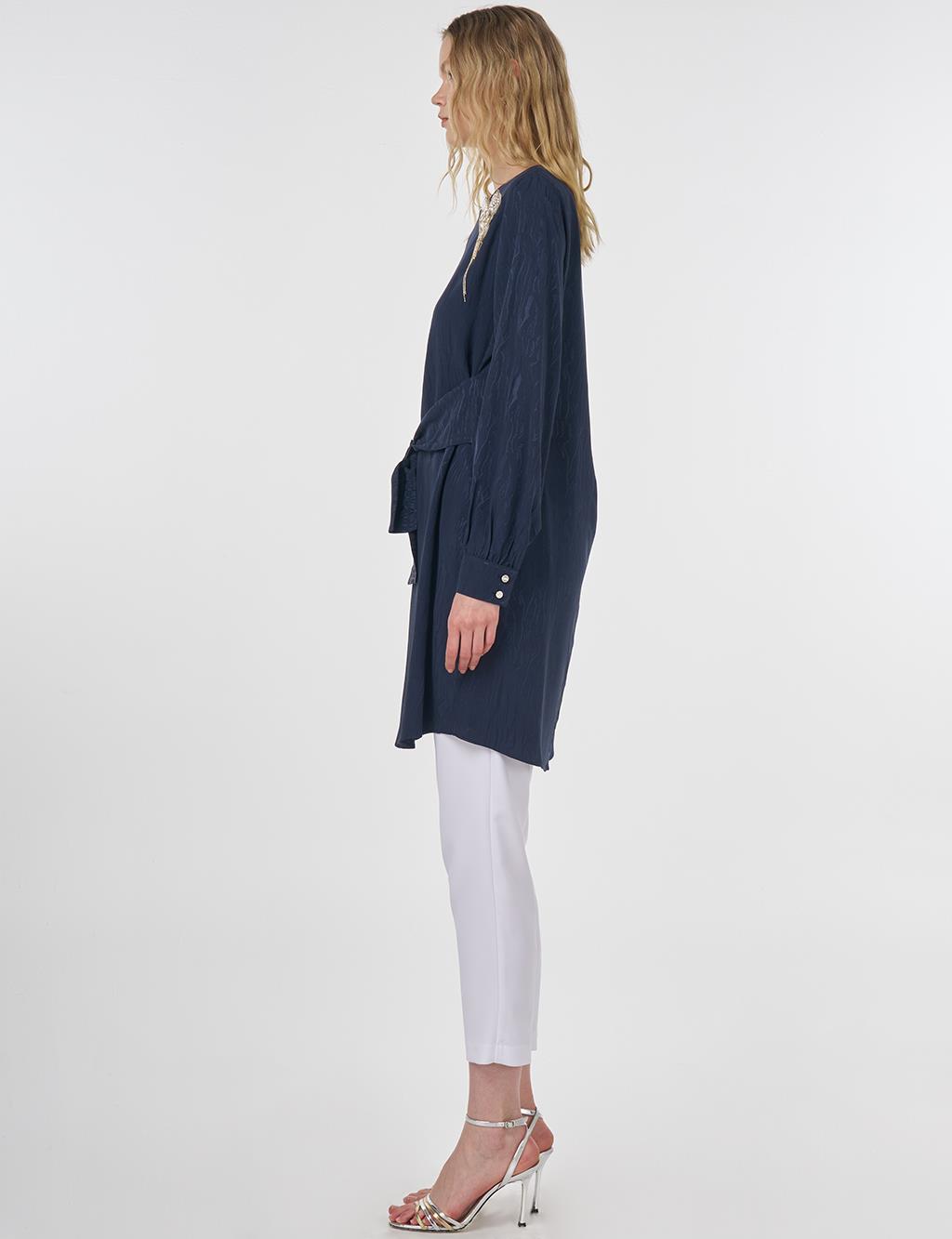 Brooch Detailed Jacquard Tunic Dark Navy 