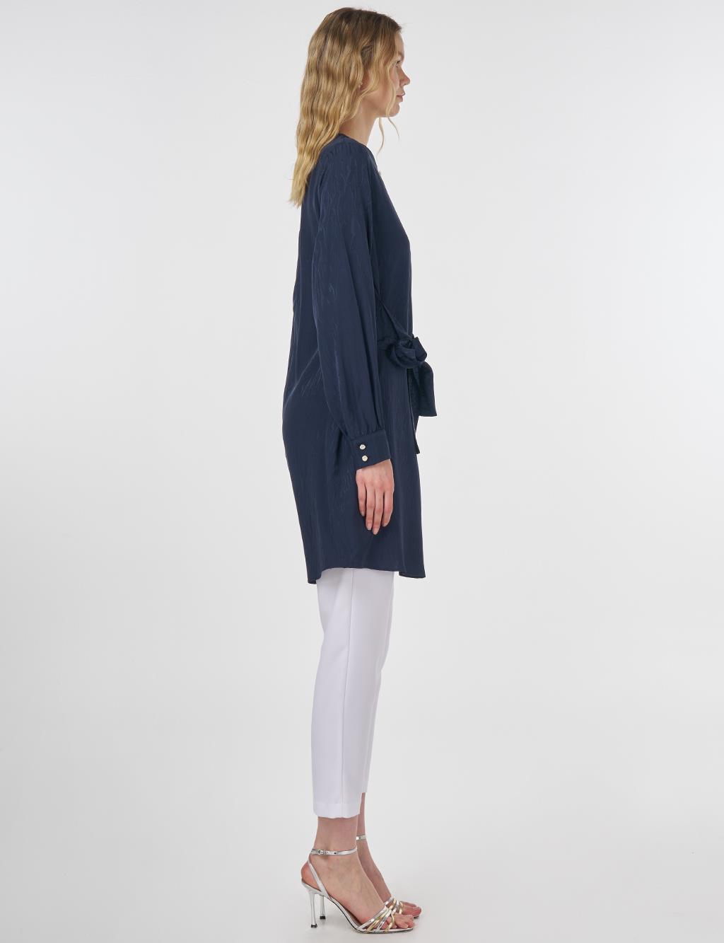 Brooch Detailed Jacquard Tunic Dark Navy 