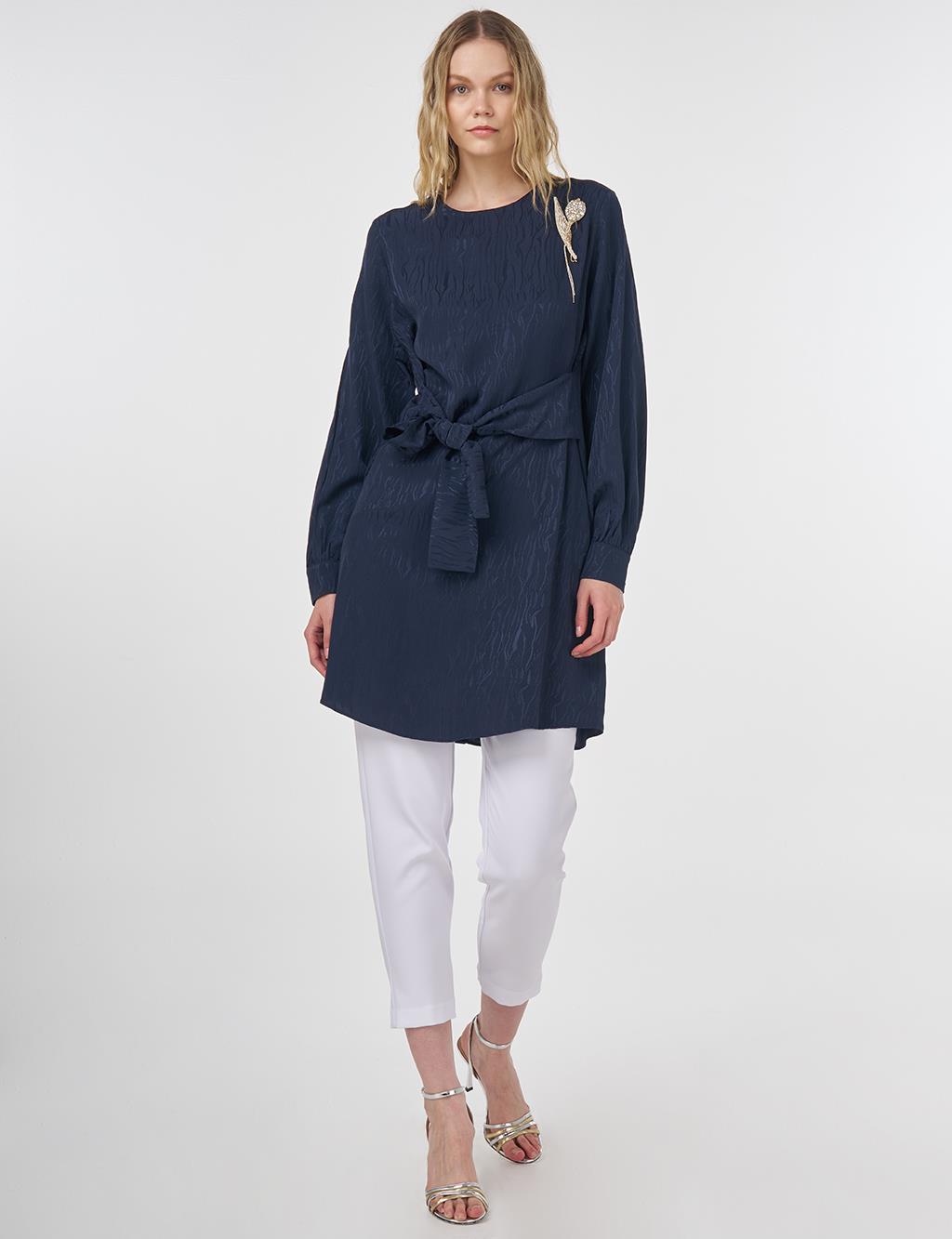 Brooch Detailed Jacquard Tunic Dark Navy 