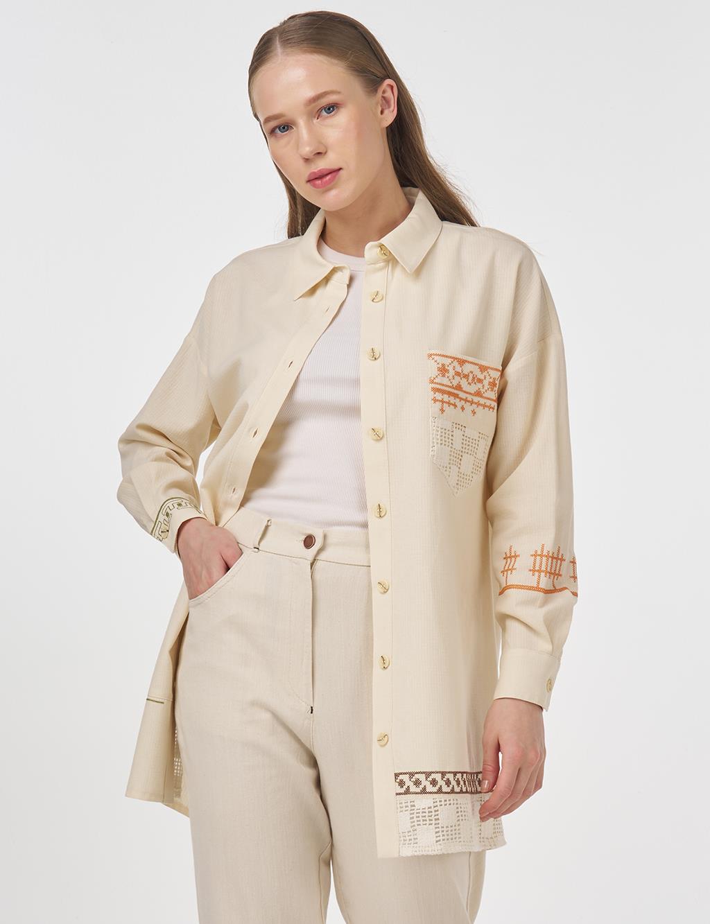 Etamin Embroidered Cotton Linen Tunic Cream