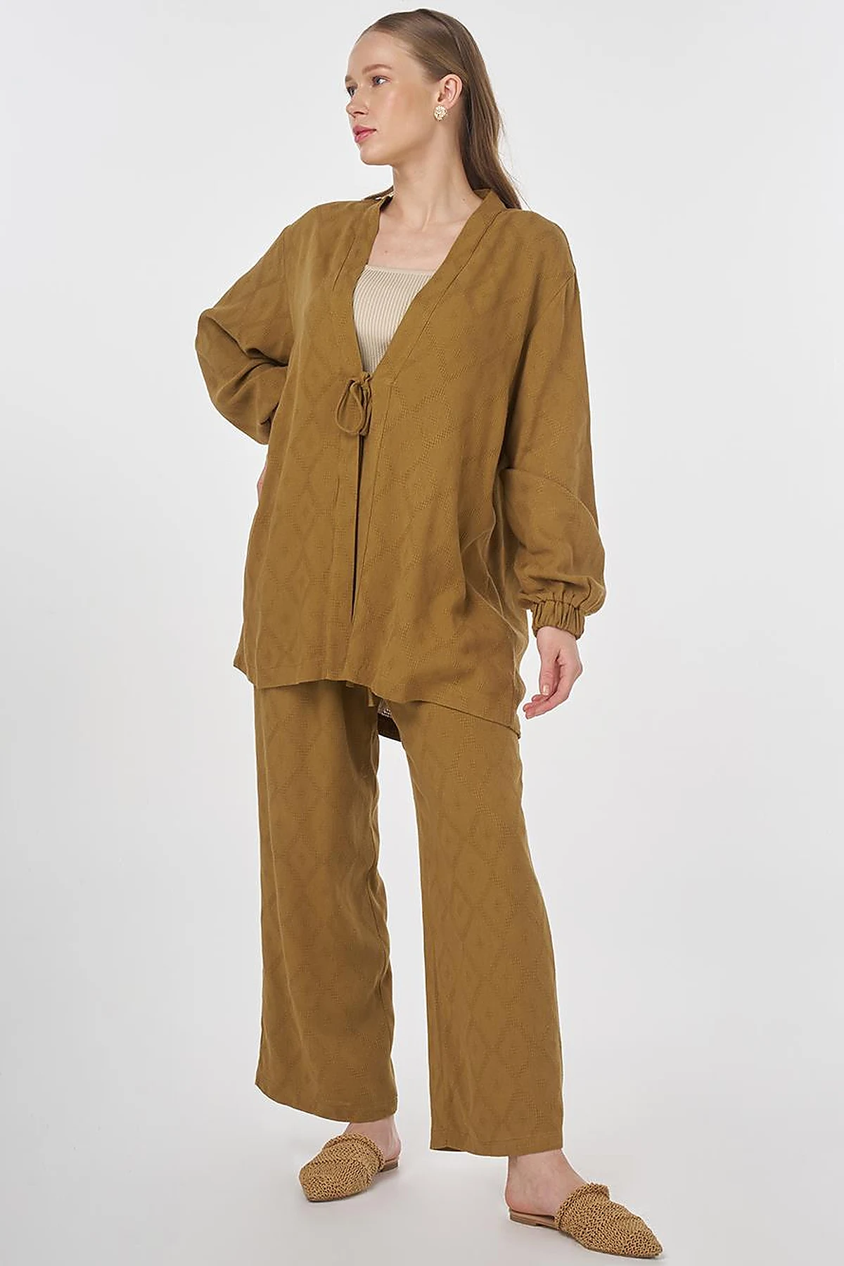 Drawstring Viscose Linen Two-Piece Set Dark Olive