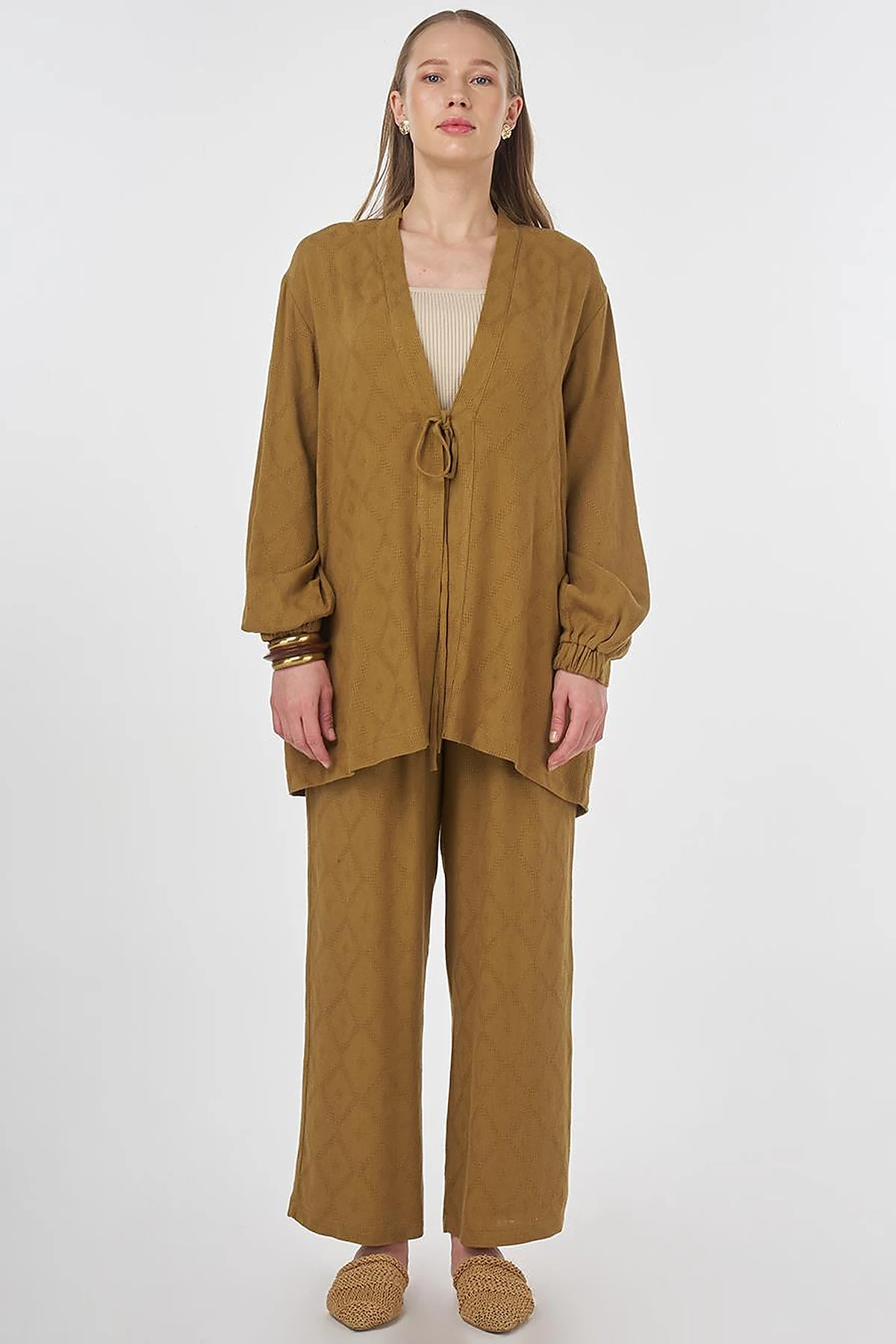 Drawstring Viscose Linen Two-Piece Set Dark Olive