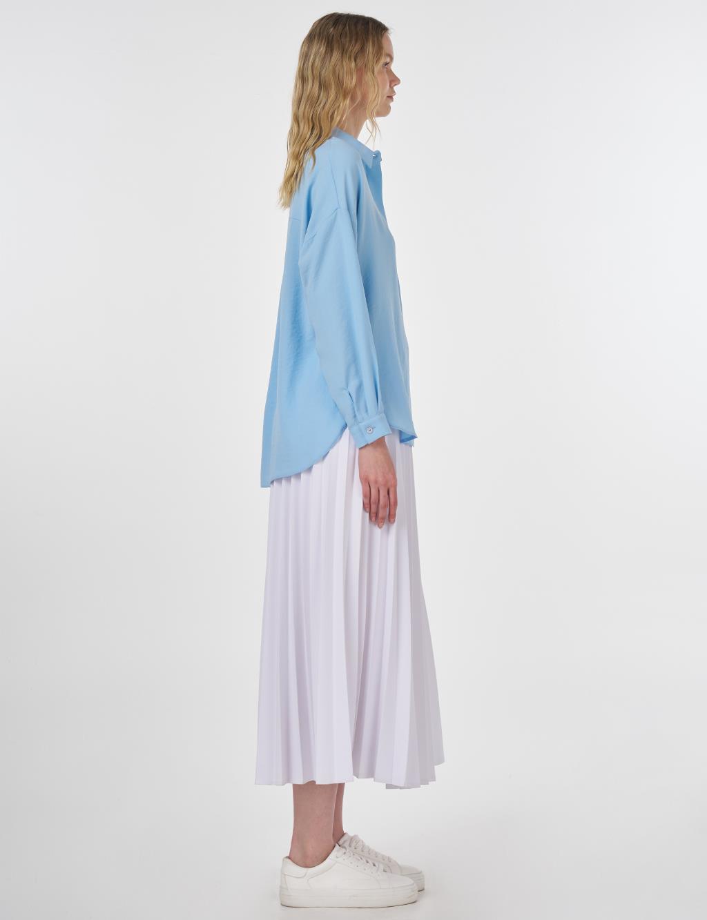 Hidden Placket Shirt Collar Basic Blouse Light Blue 