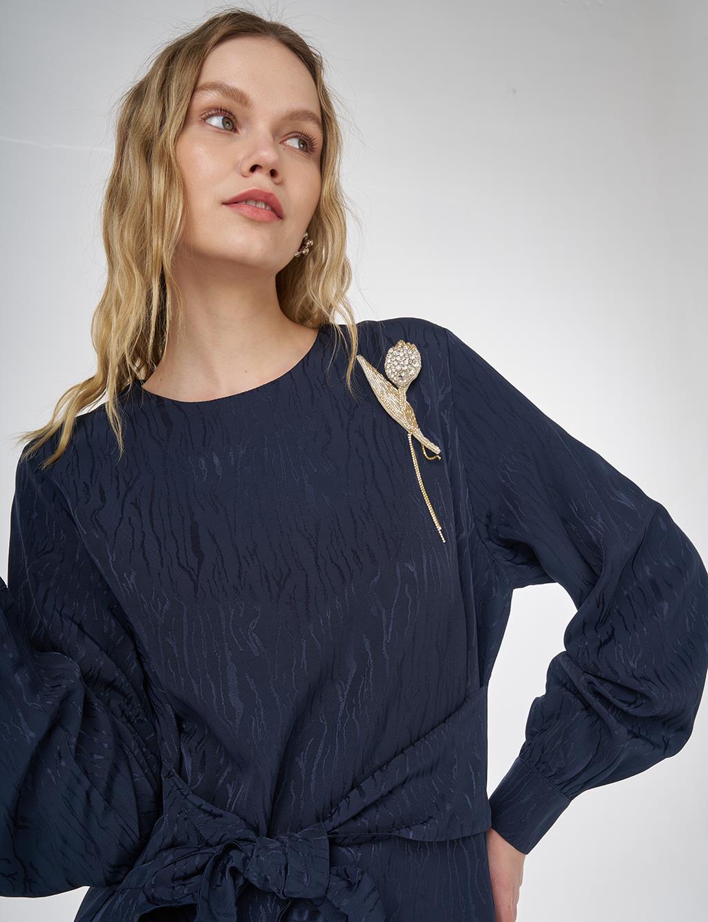 Brooch Detailed Jacquard Tunic Dark Navy 