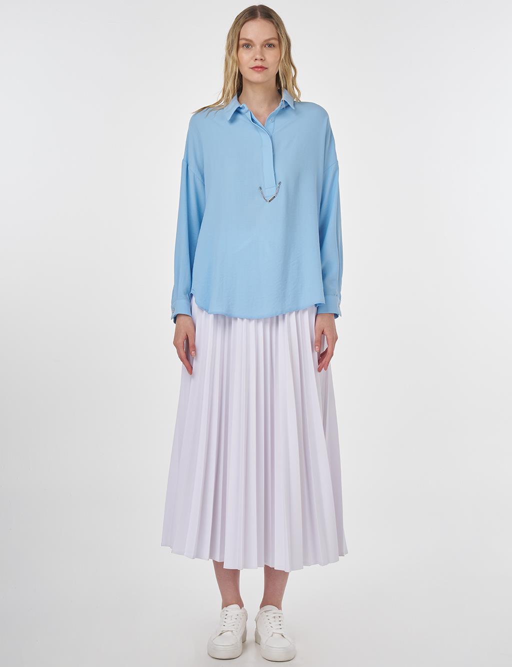 Hidden Placket Shirt Collar Basic Blouse Light Blue 