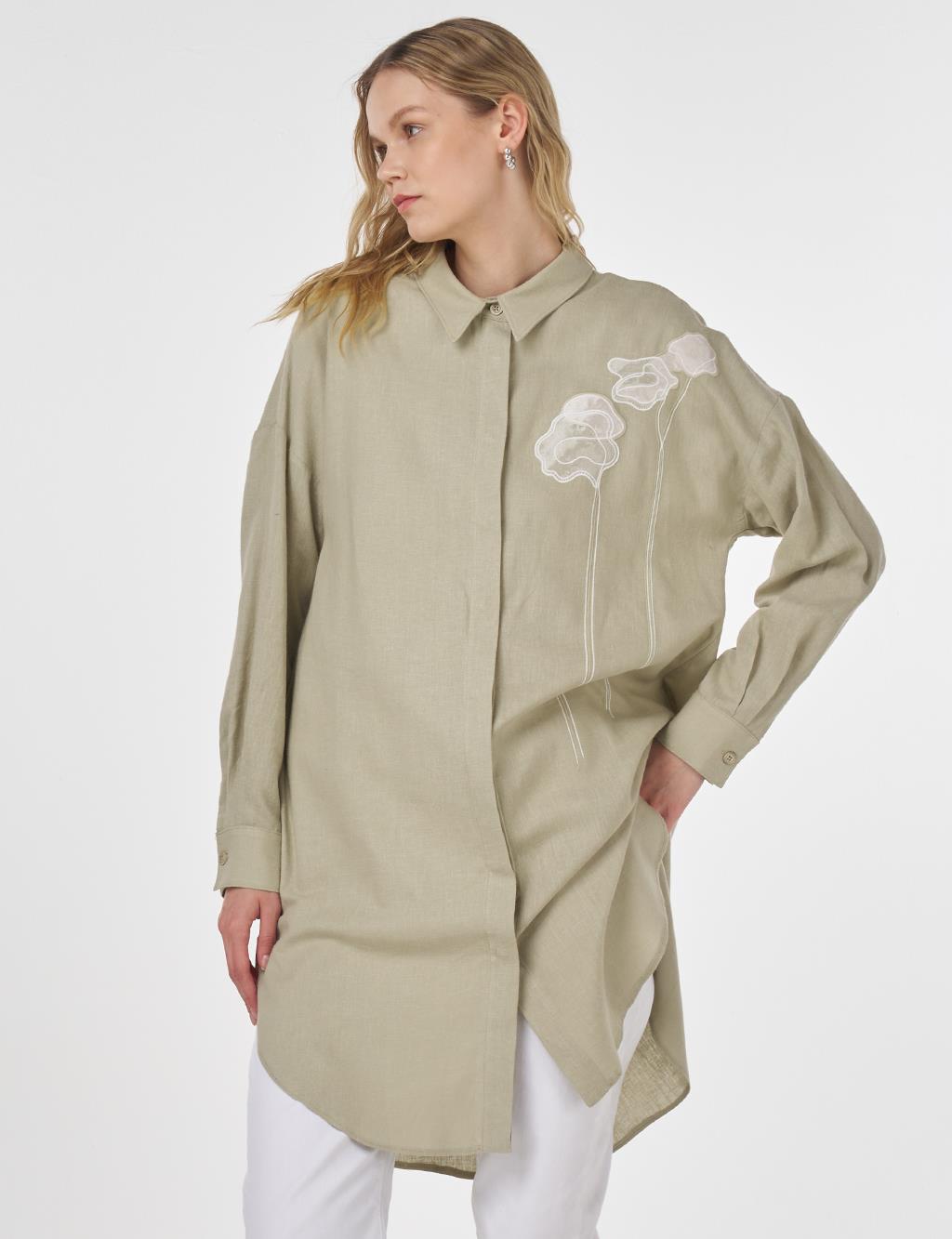 Floral Embroidered Linen-Viscose Tunic Mold Green