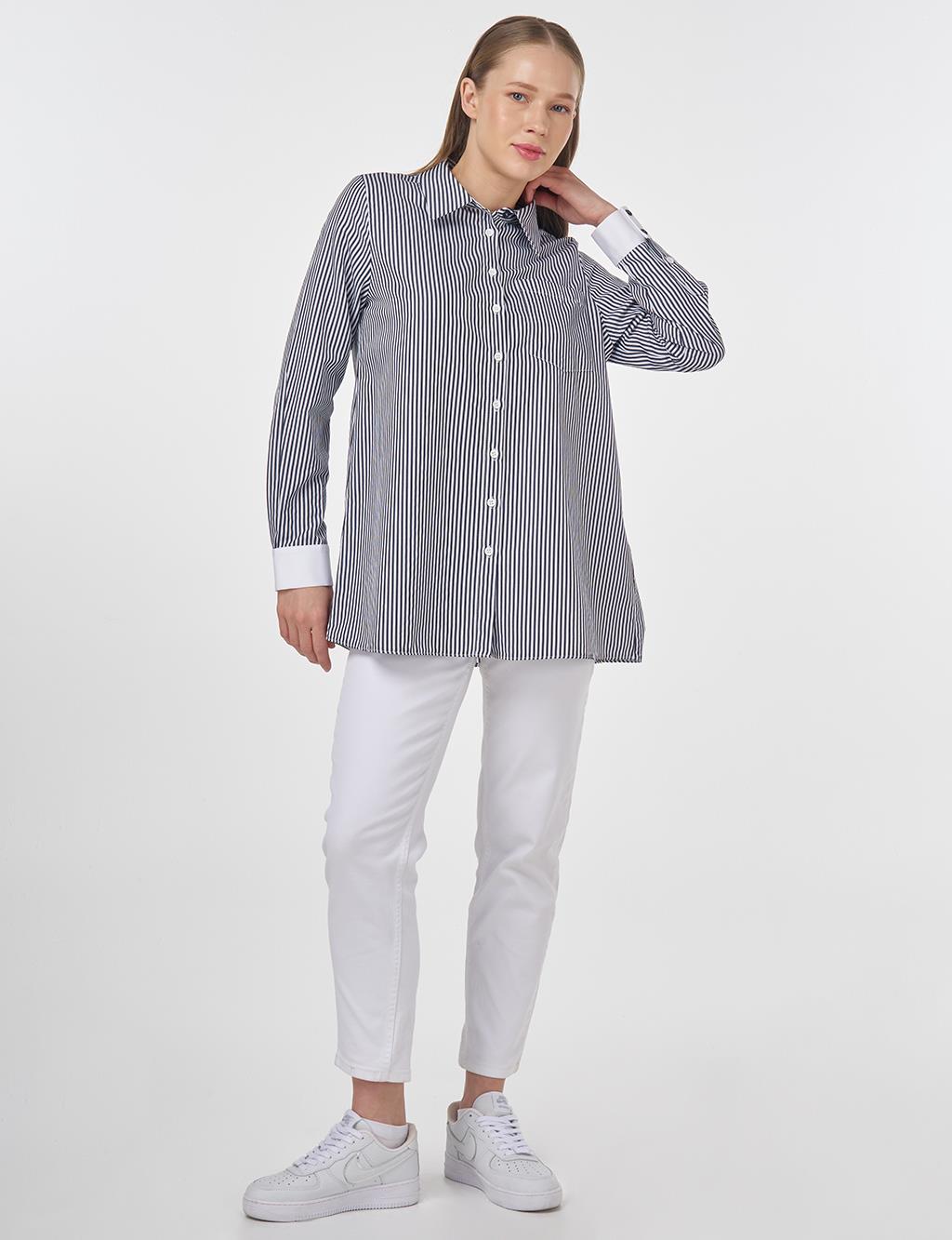 Cotton-Blend Striped Basic Tunic Navy Blue