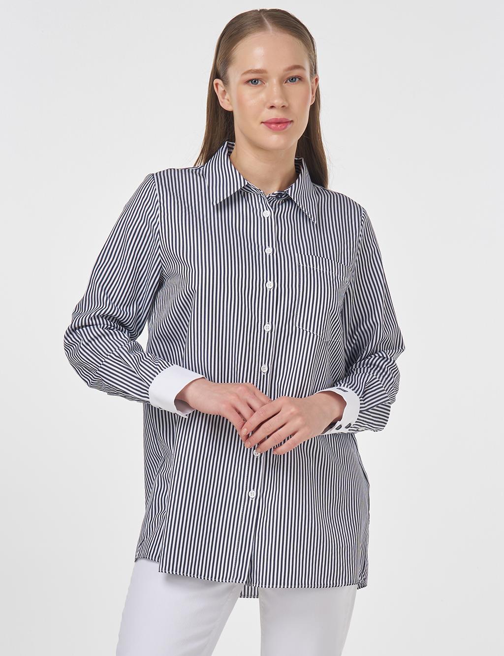 Cotton-Blend Striped Basic Tunic Navy Blue