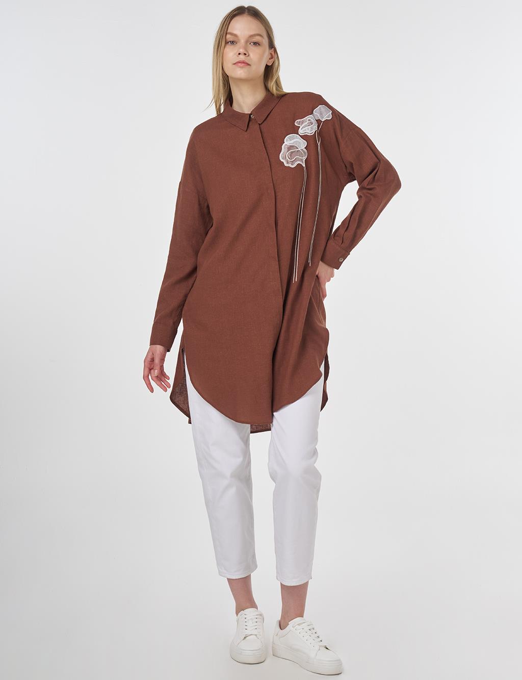 Floral Embroidered Linen-Viscose Tunic Brown 