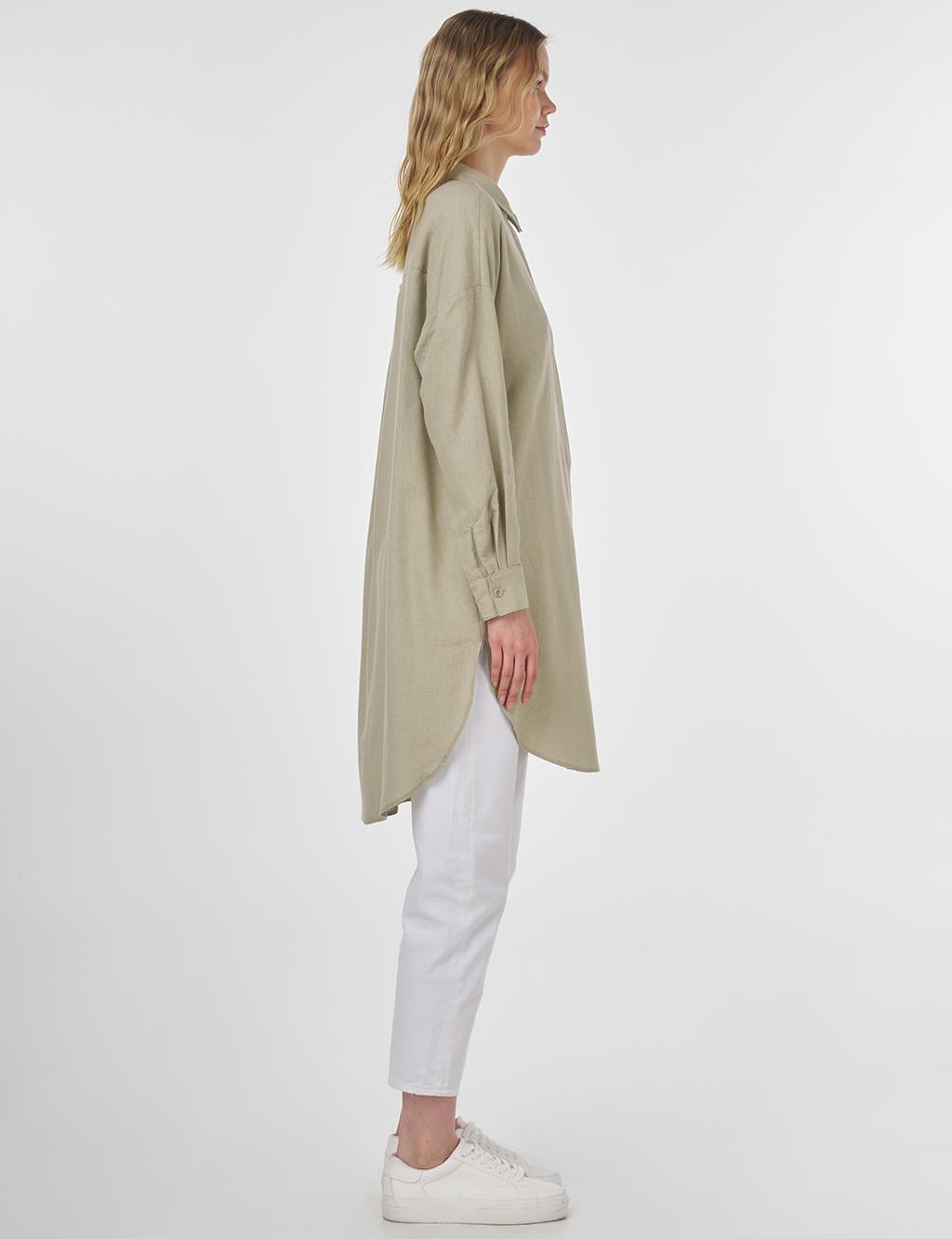 Floral Embroidered Linen-Viscose Tunic Mold Green