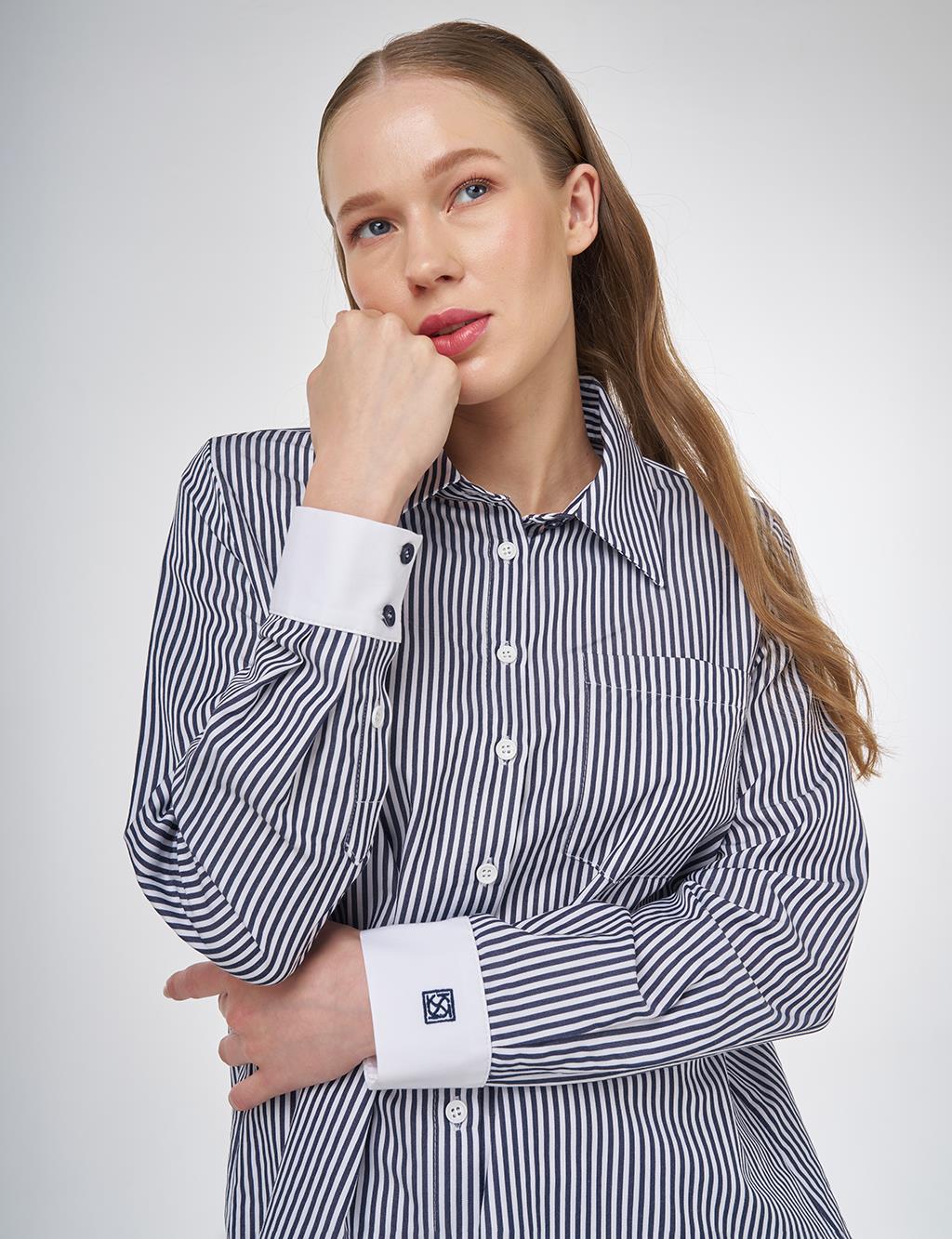 Cotton-Blend Striped Basic Tunic Navy Blue