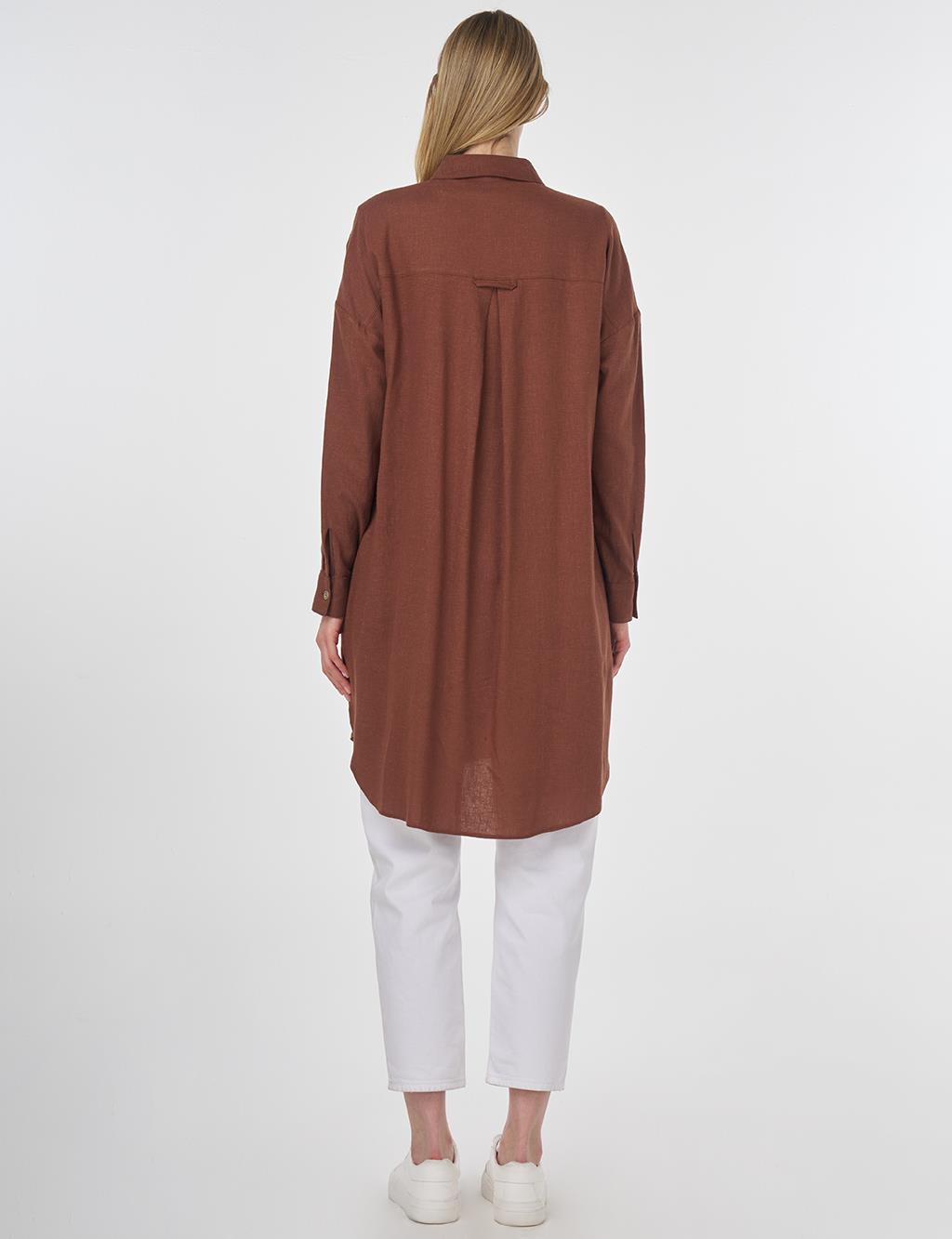 Floral Embroidered Linen-Viscose Tunic Brown 