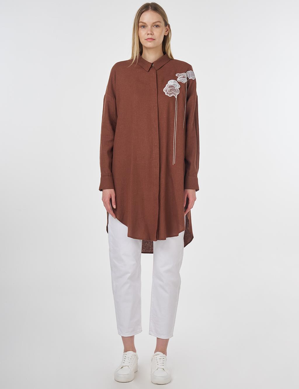 Floral Embroidered Linen-Viscose Tunic Brown 