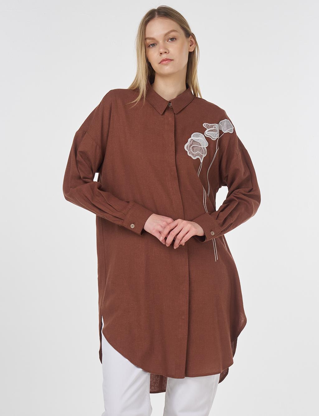 Floral Embroidered Linen-Viscose Tunic Brown 