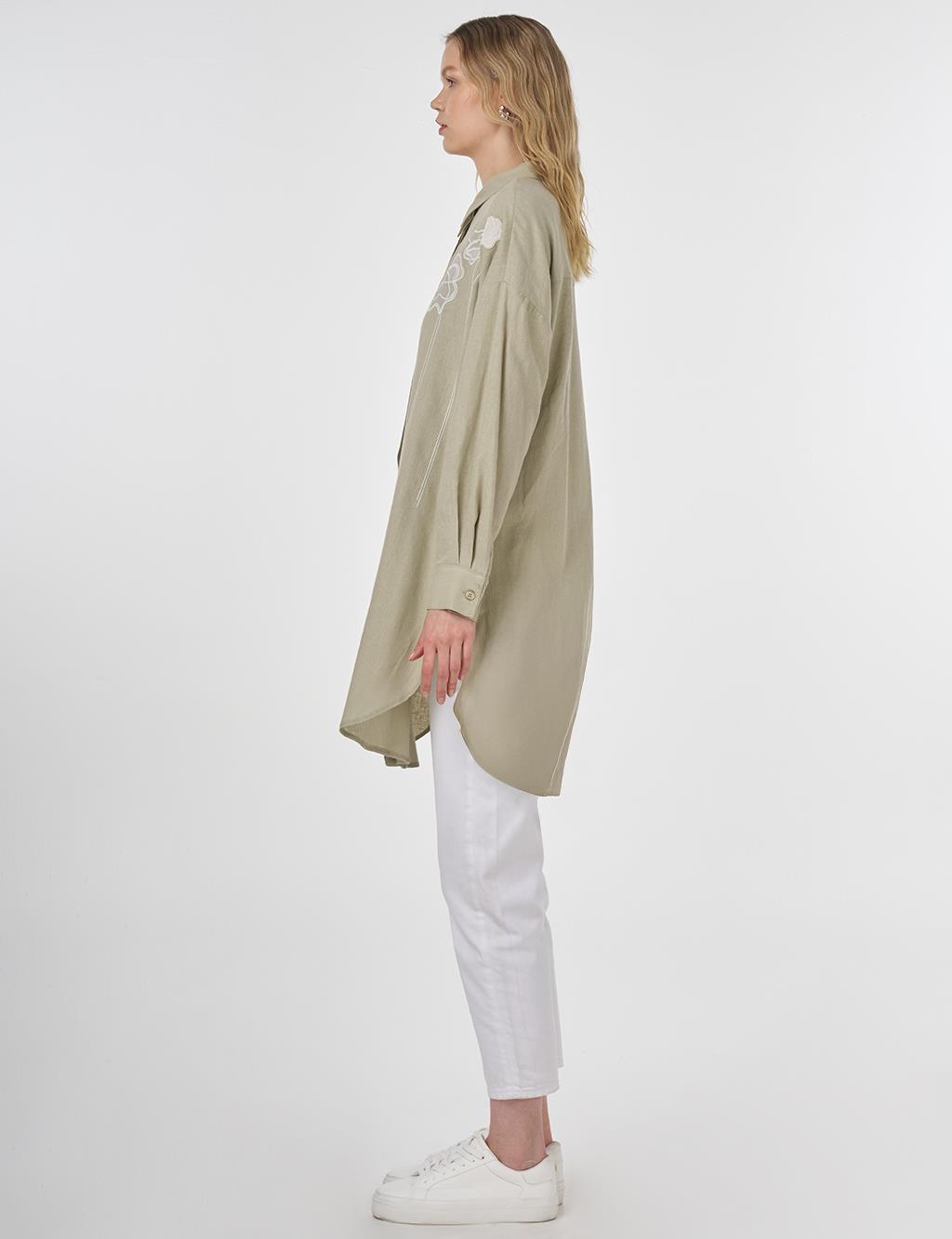 Floral Embroidered Linen-Viscose Tunic Mold Green