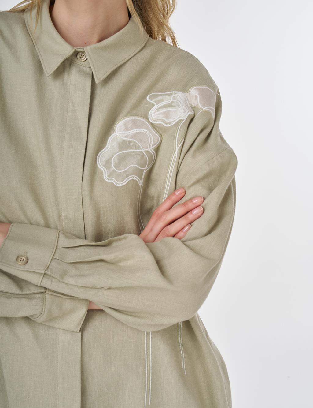 Floral Embroidered Linen-Viscose Tunic Mold Green