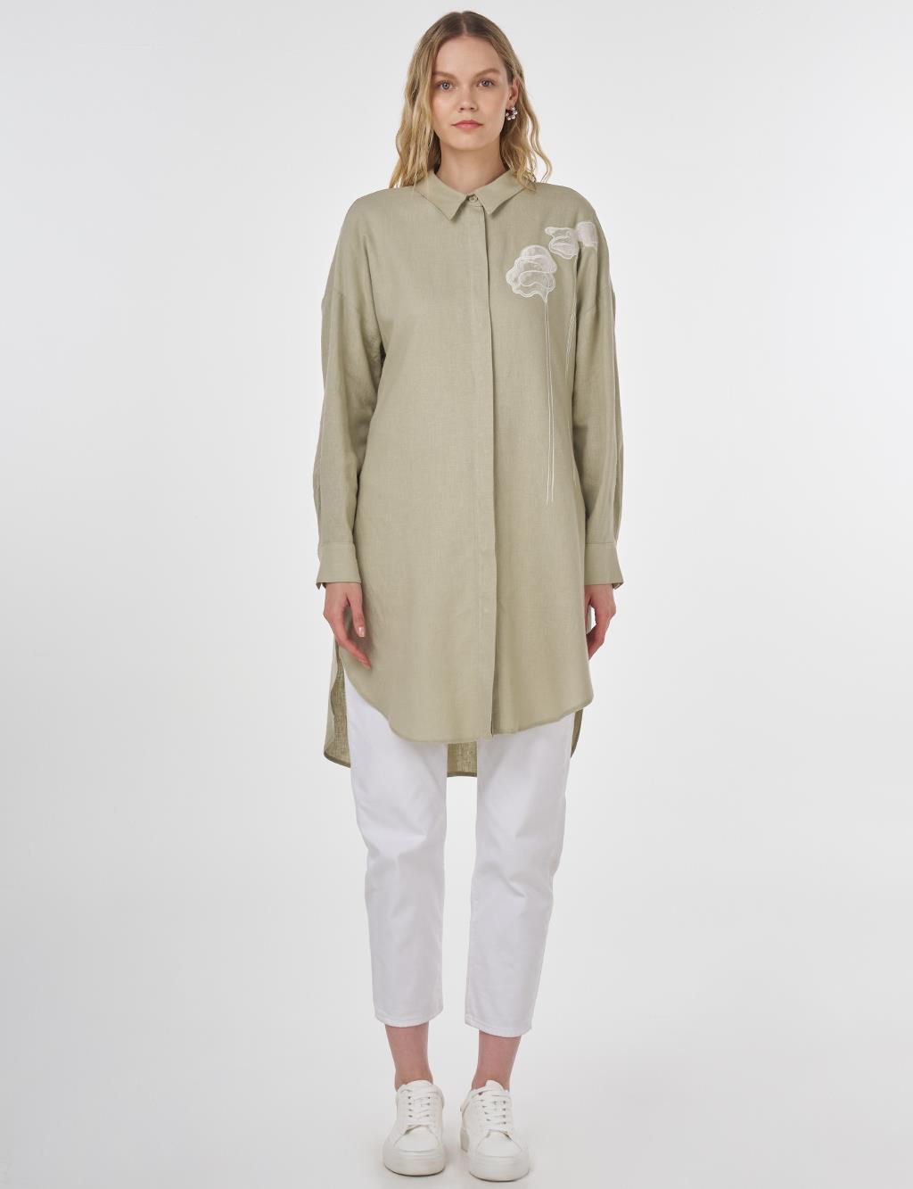 Floral Embroidered Linen-Viscose Tunic Mold Green