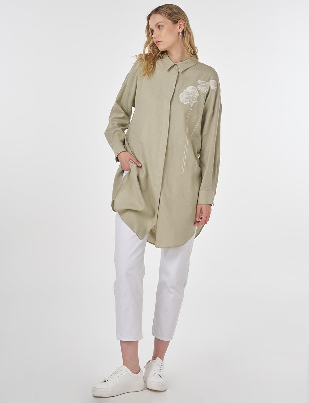 Floral Embroidered Linen-Viscose Tunic Mold Green