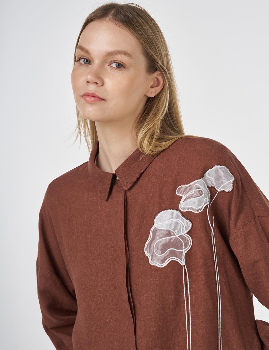 Floral Embroidered Linen-Viscose Tunic Brown 