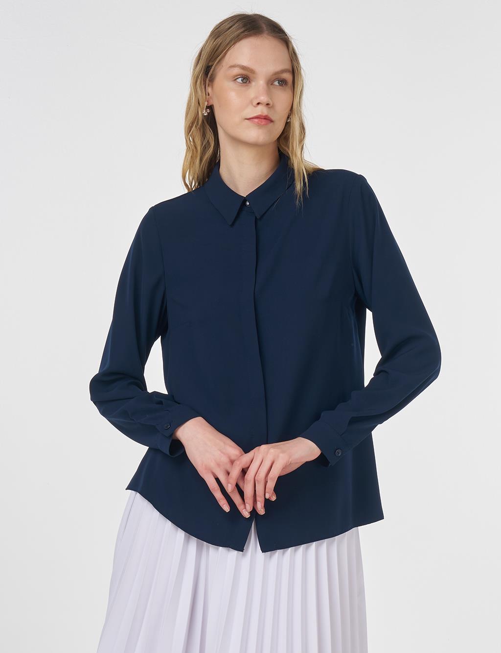 Concealed Placket Blouse Navy Blue