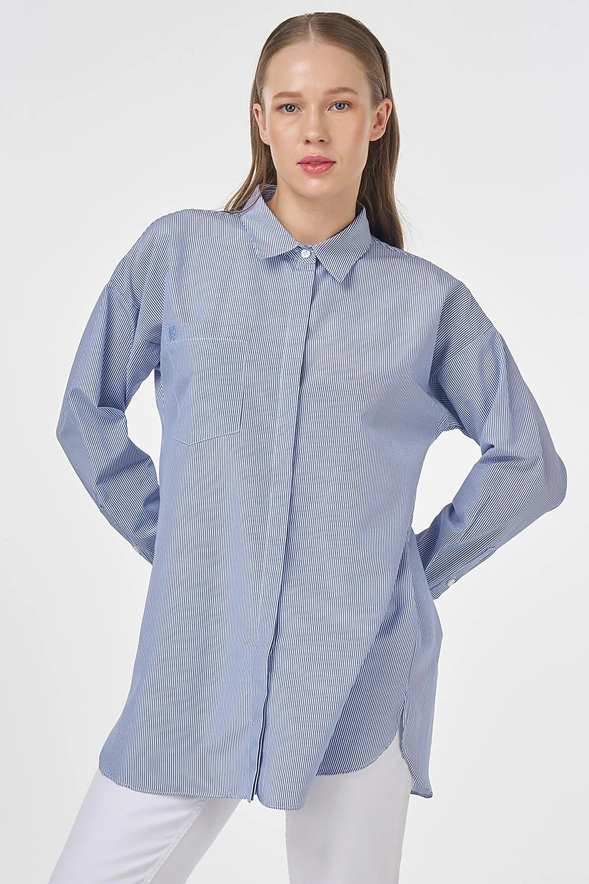 Single-Pocket Cotton Basic Tunic Blue