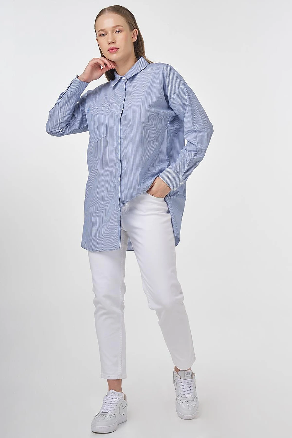 Single-Pocket Cotton Basic Tunic Blue