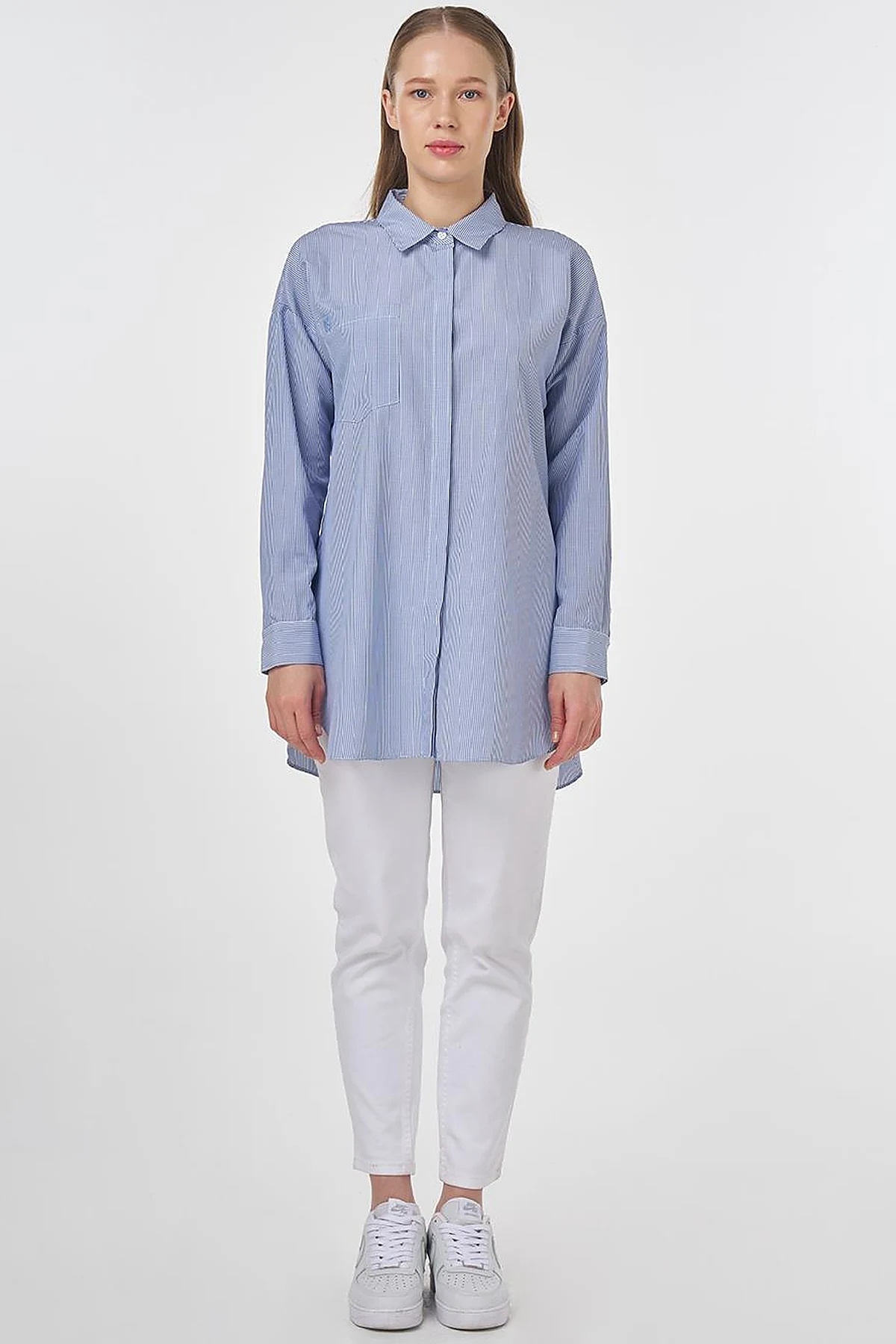 Single-Pocket Cotton Basic Tunic Blue