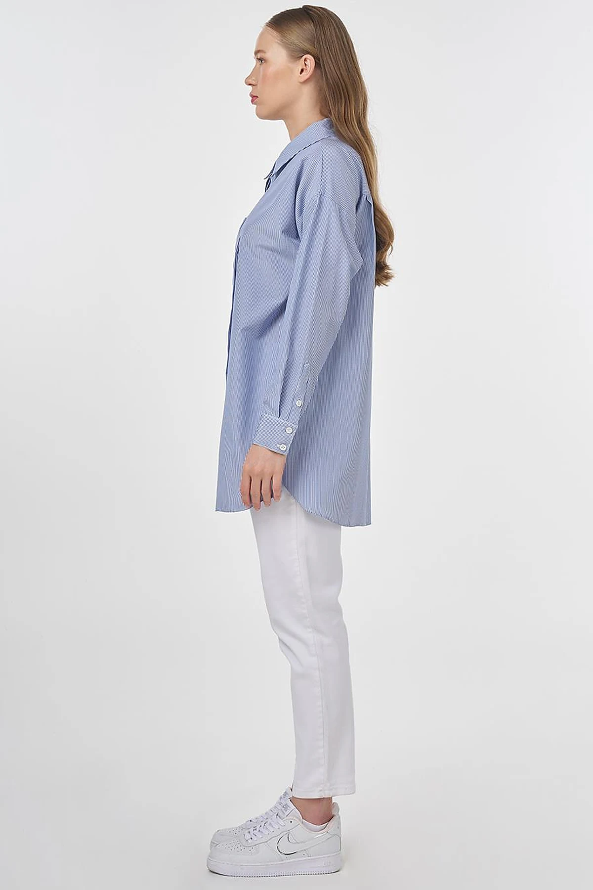 Single-Pocket Cotton Basic Tunic Blue