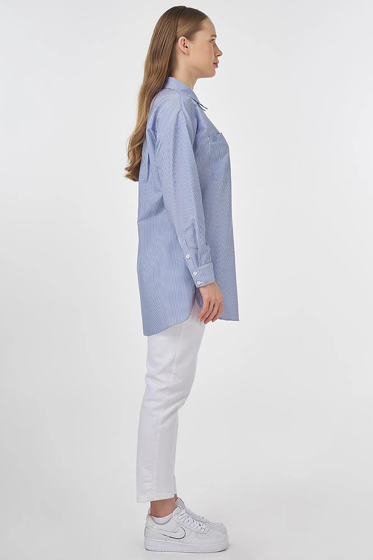 Single-Pocket Cotton Basic Tunic Blue