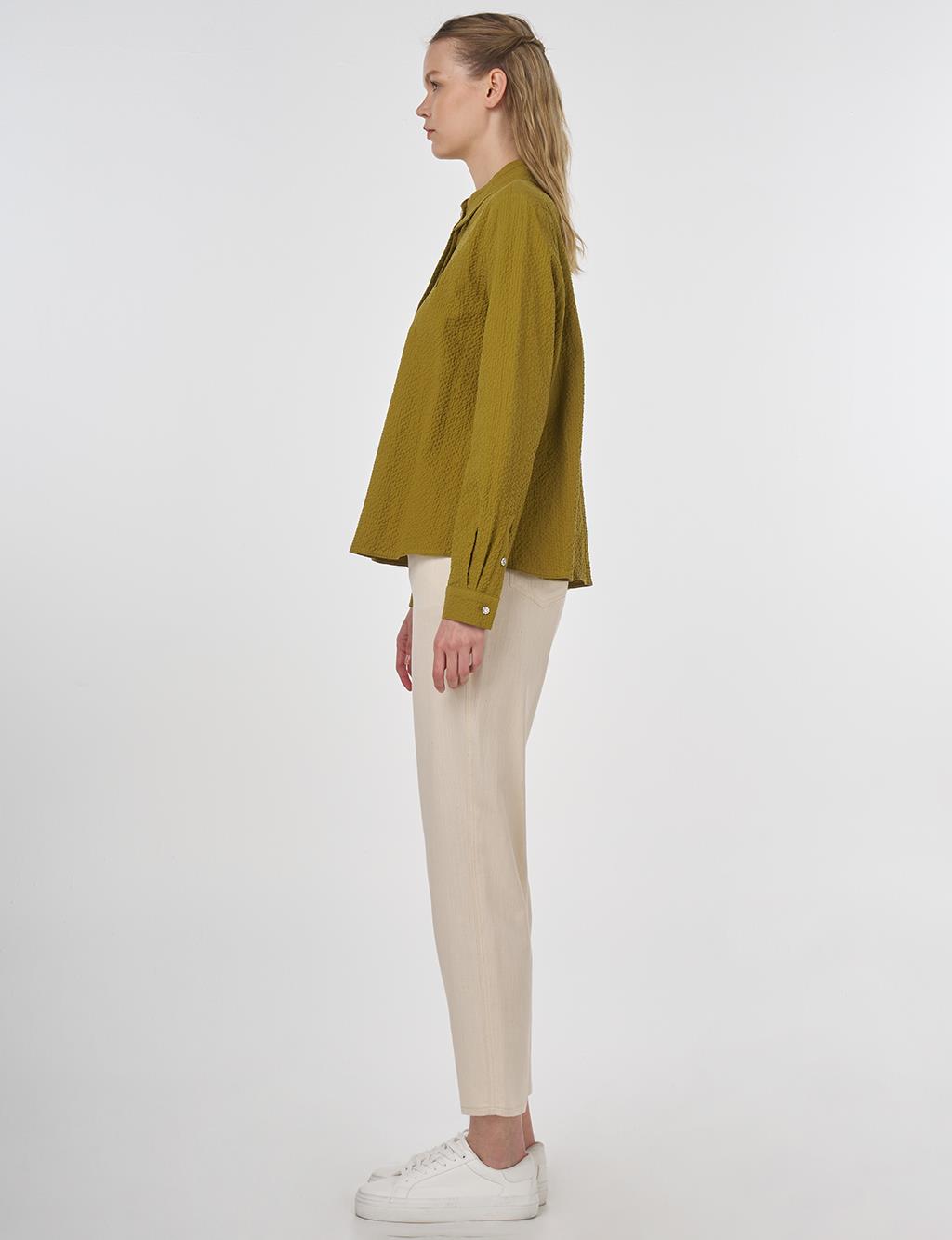 Mandarin Collar Seersucker Blouse Khaki