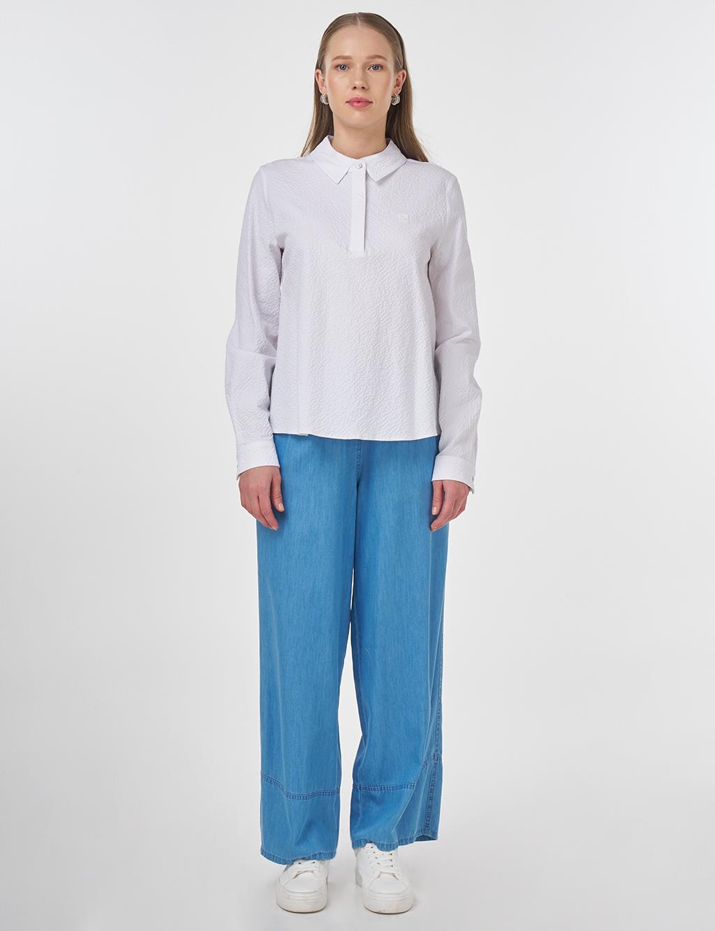 Mandarin Collar Seersucker Blouse Optic White 