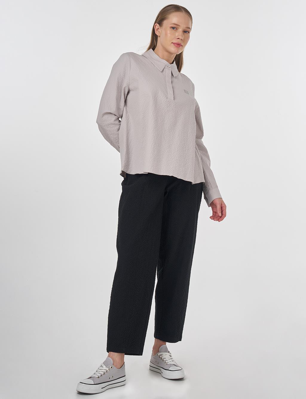 Mandarin Collar Seersucker Blouse Light Grey