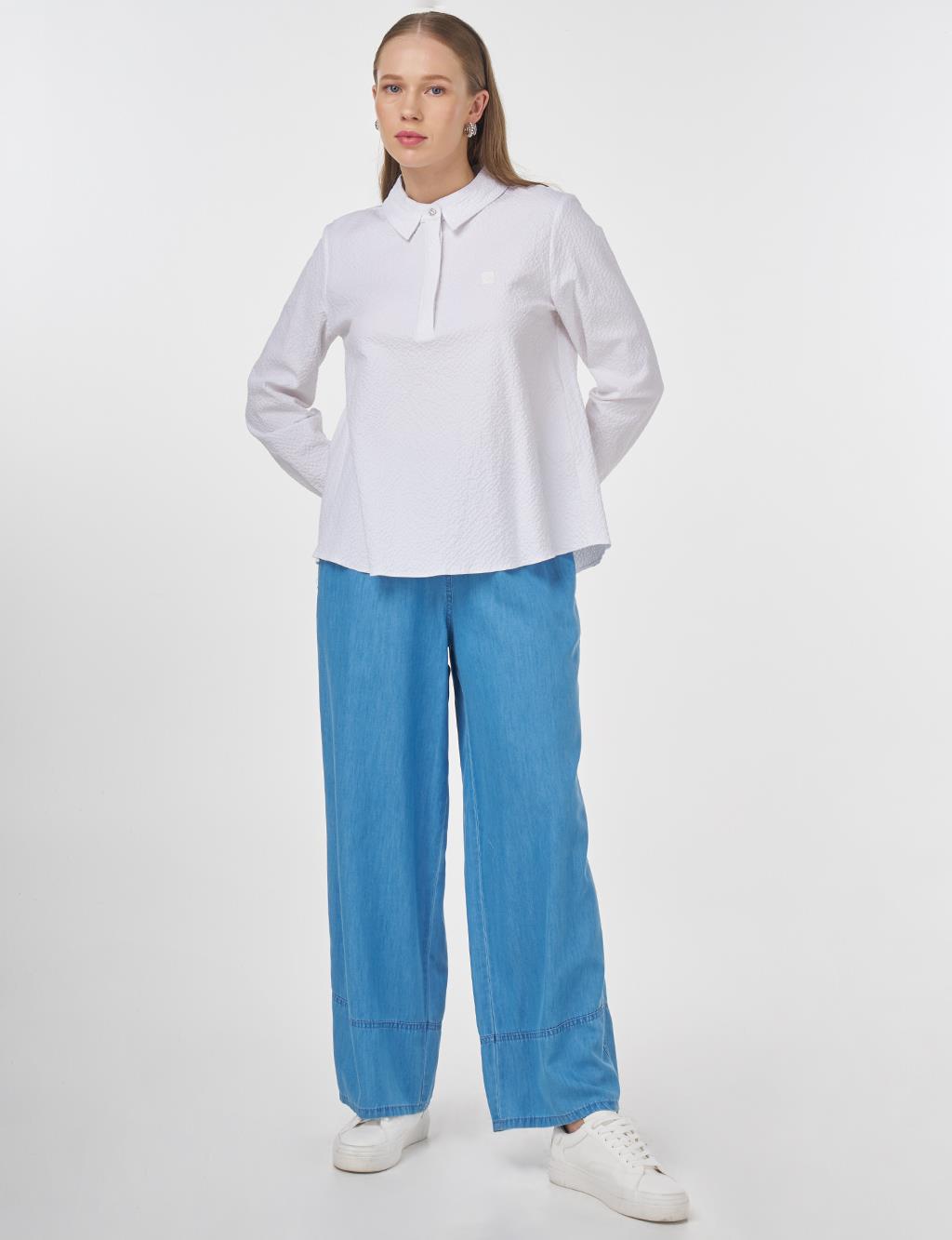 Mandarin Collar Seersucker Blouse Optic White 