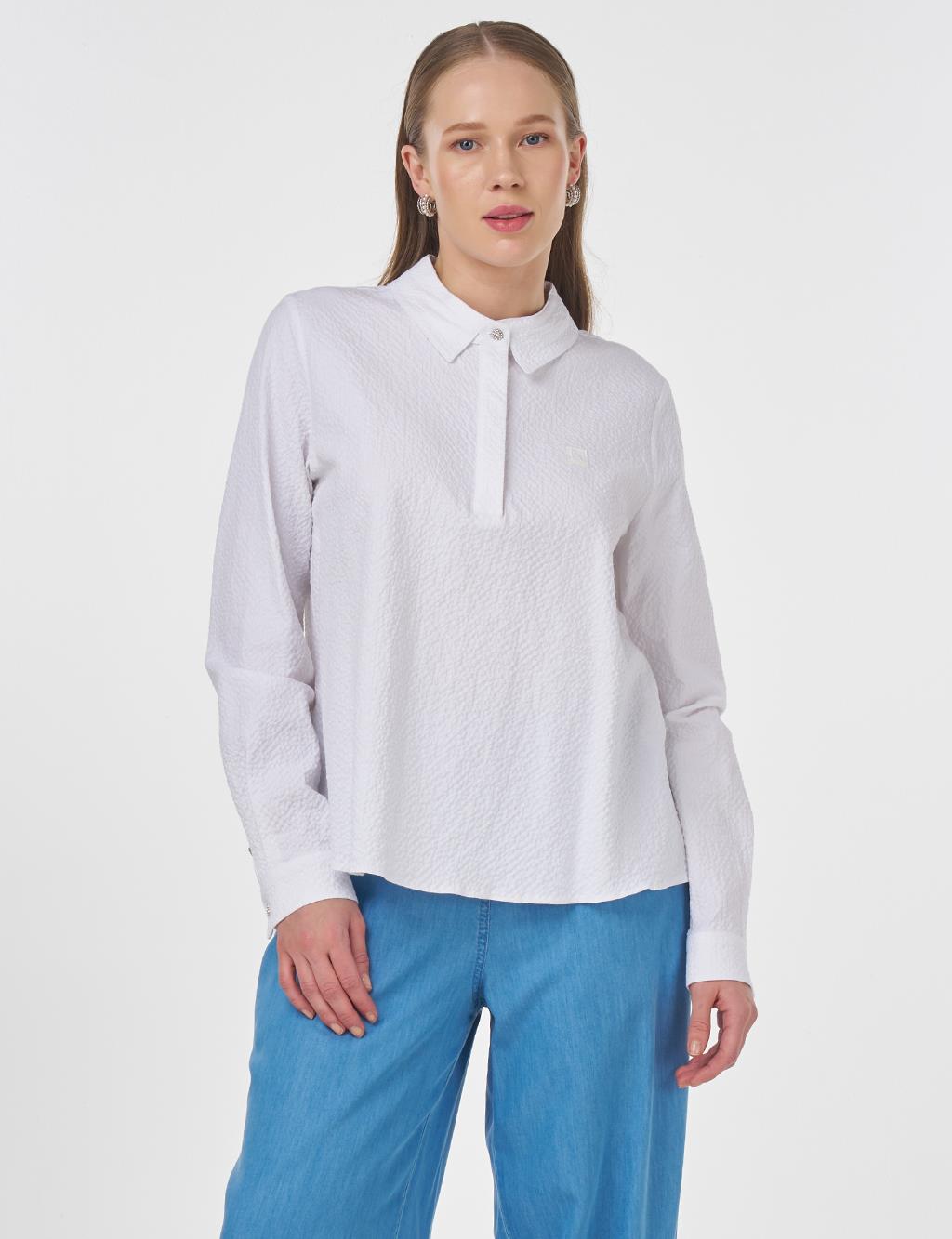 Mandarin Collar Seersucker Blouse Optic White 
