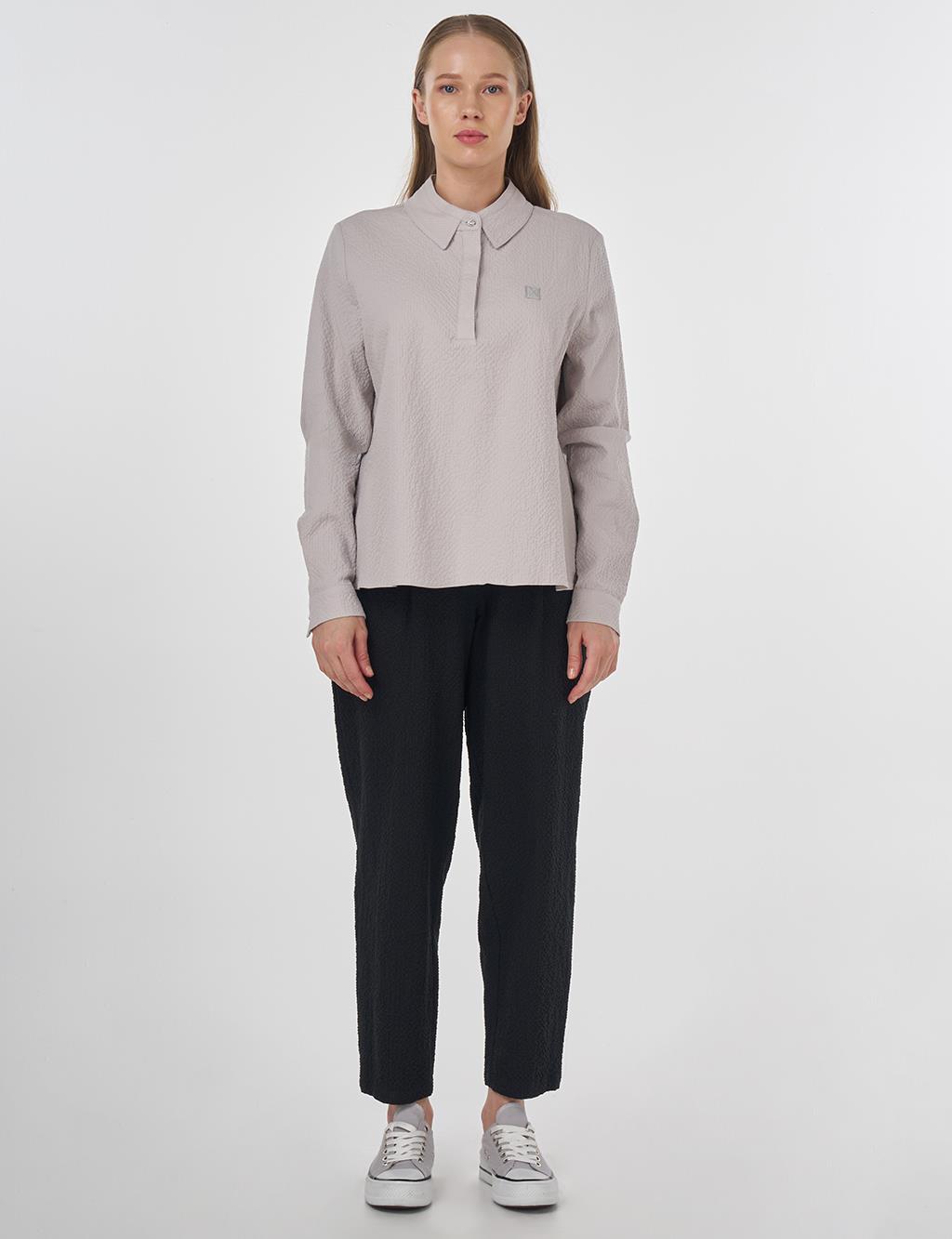Mandarin Collar Seersucker Blouse Light Grey