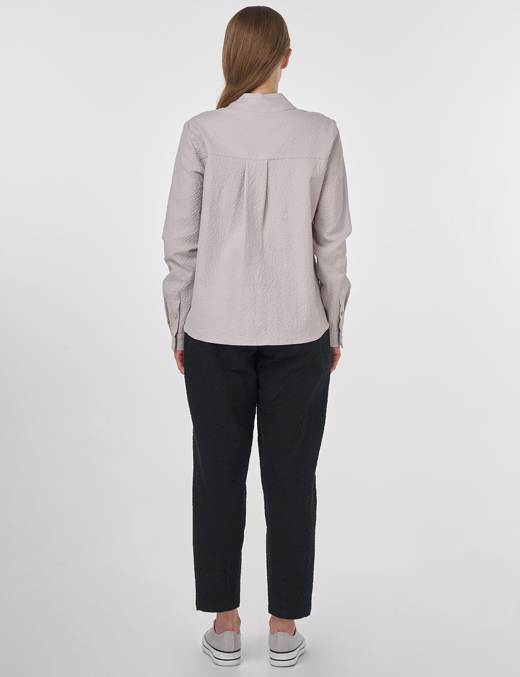 Mandarin Collar Seersucker Blouse Light Grey