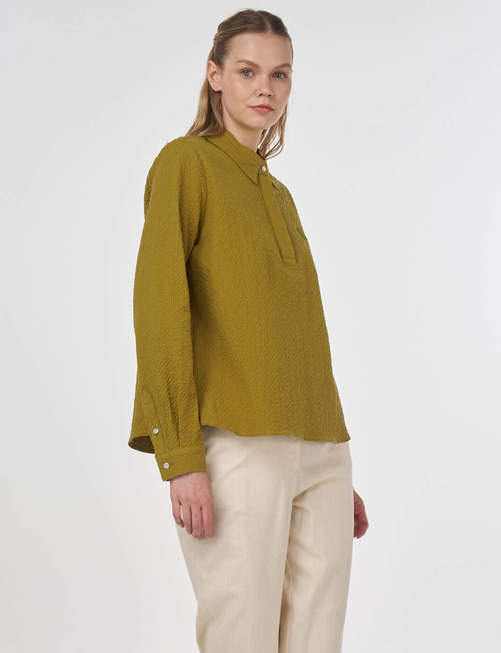 Mandarin Collar Seersucker Blouse Khaki