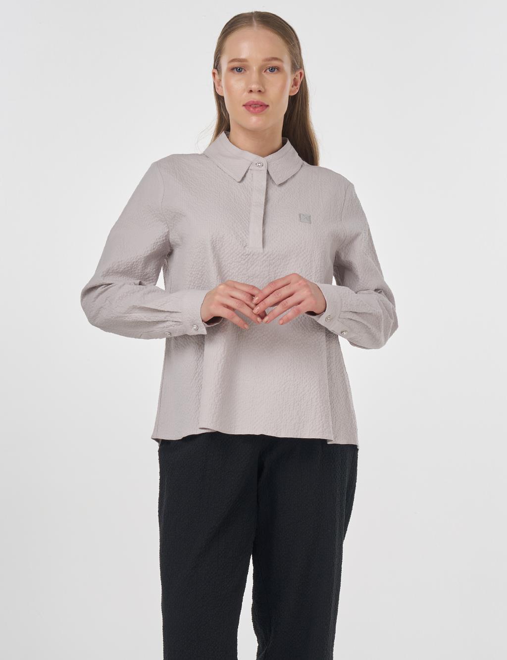 Mandarin Collar Seersucker Blouse Light Grey