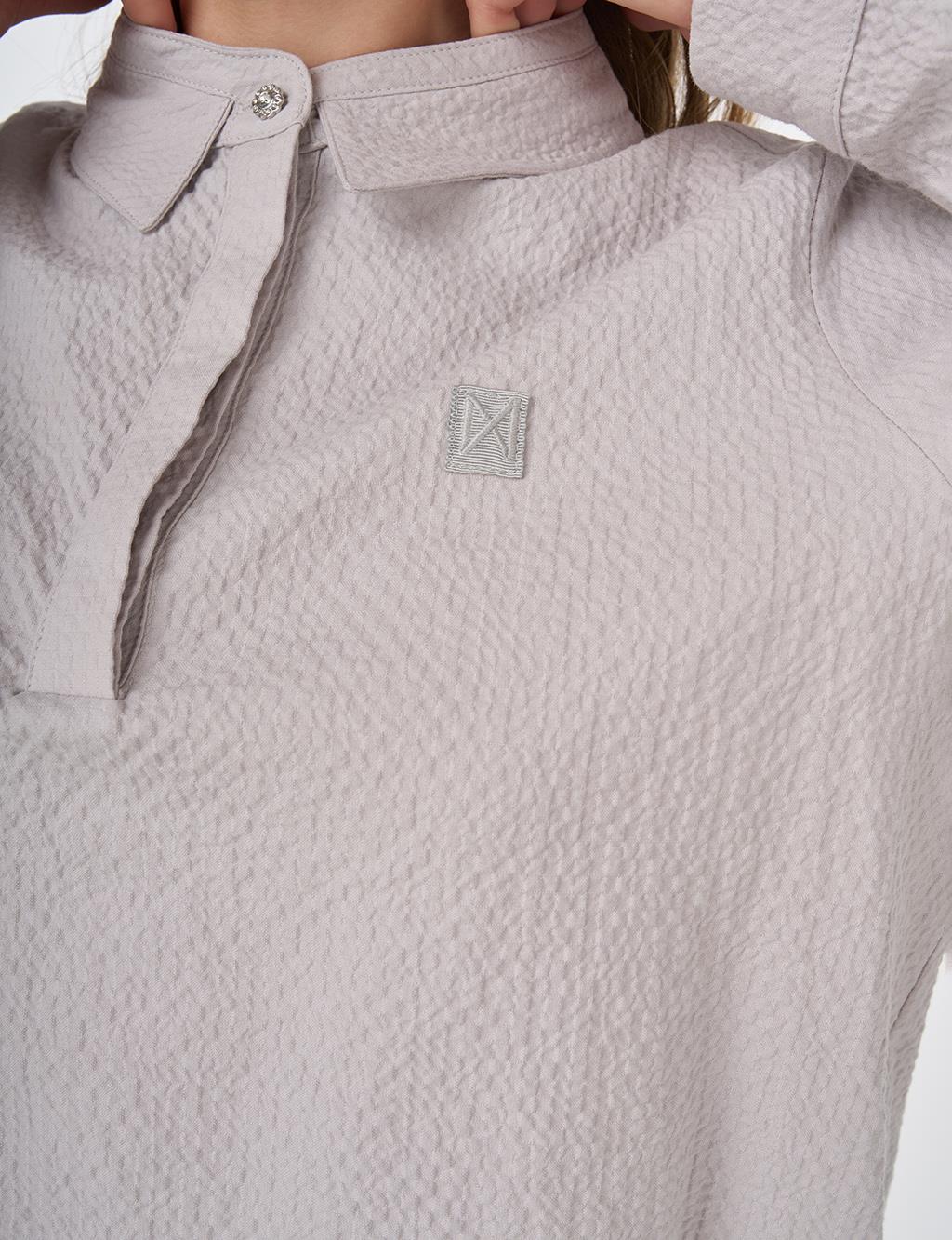 Mandarin Collar Seersucker Blouse Light Grey