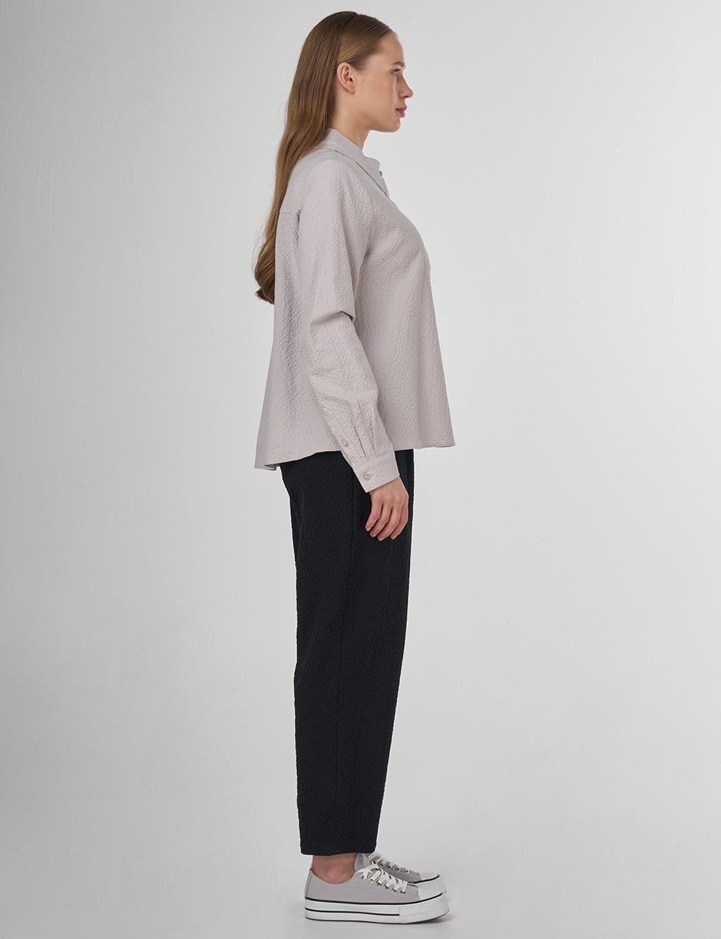 Mandarin Collar Seersucker Blouse Light Grey
