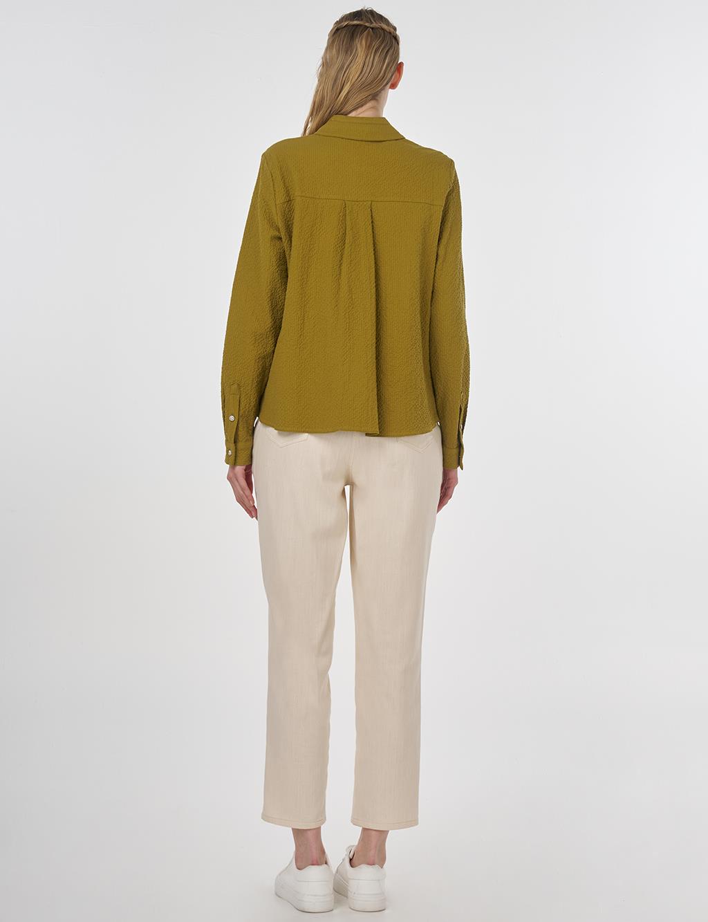 Mandarin Collar Seersucker Blouse Khaki