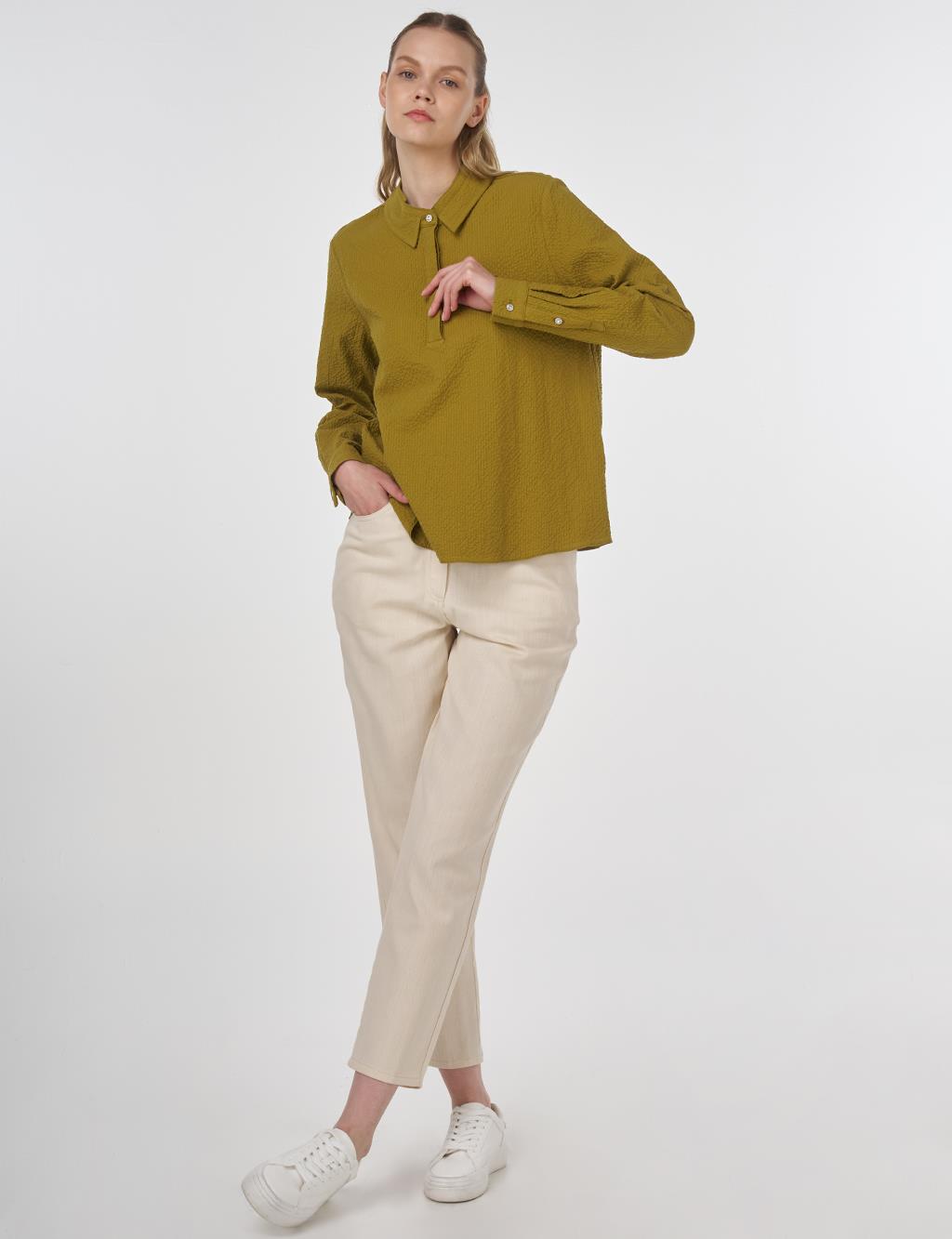 Mandarin Collar Seersucker Blouse Khaki