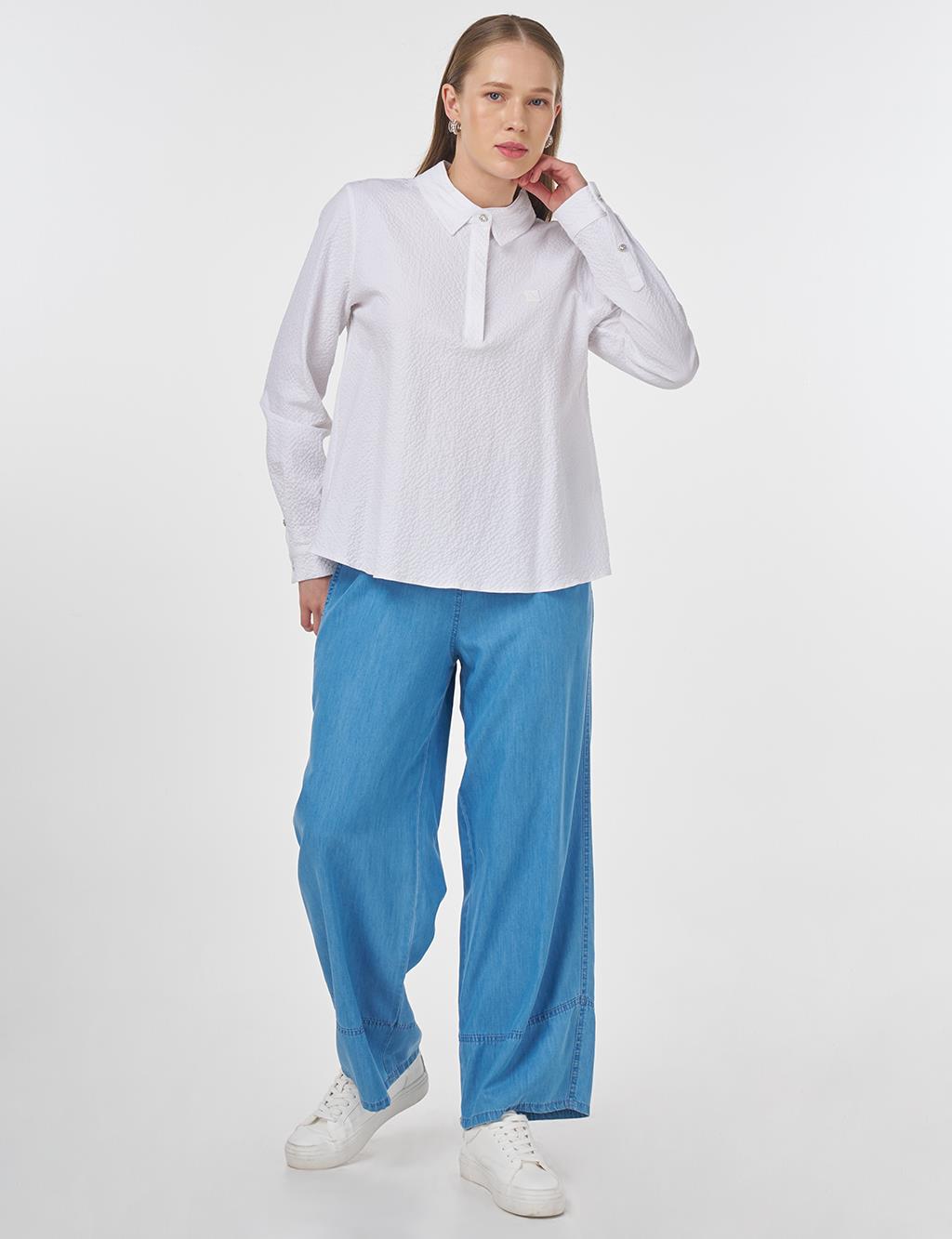 Mandarin Collar Seersucker Blouse Optic White 