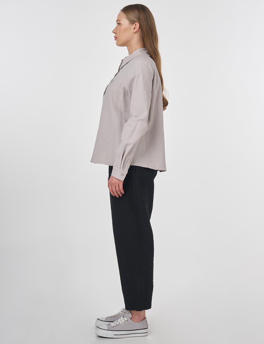 Mandarin Collar Seersucker Blouse Light Grey